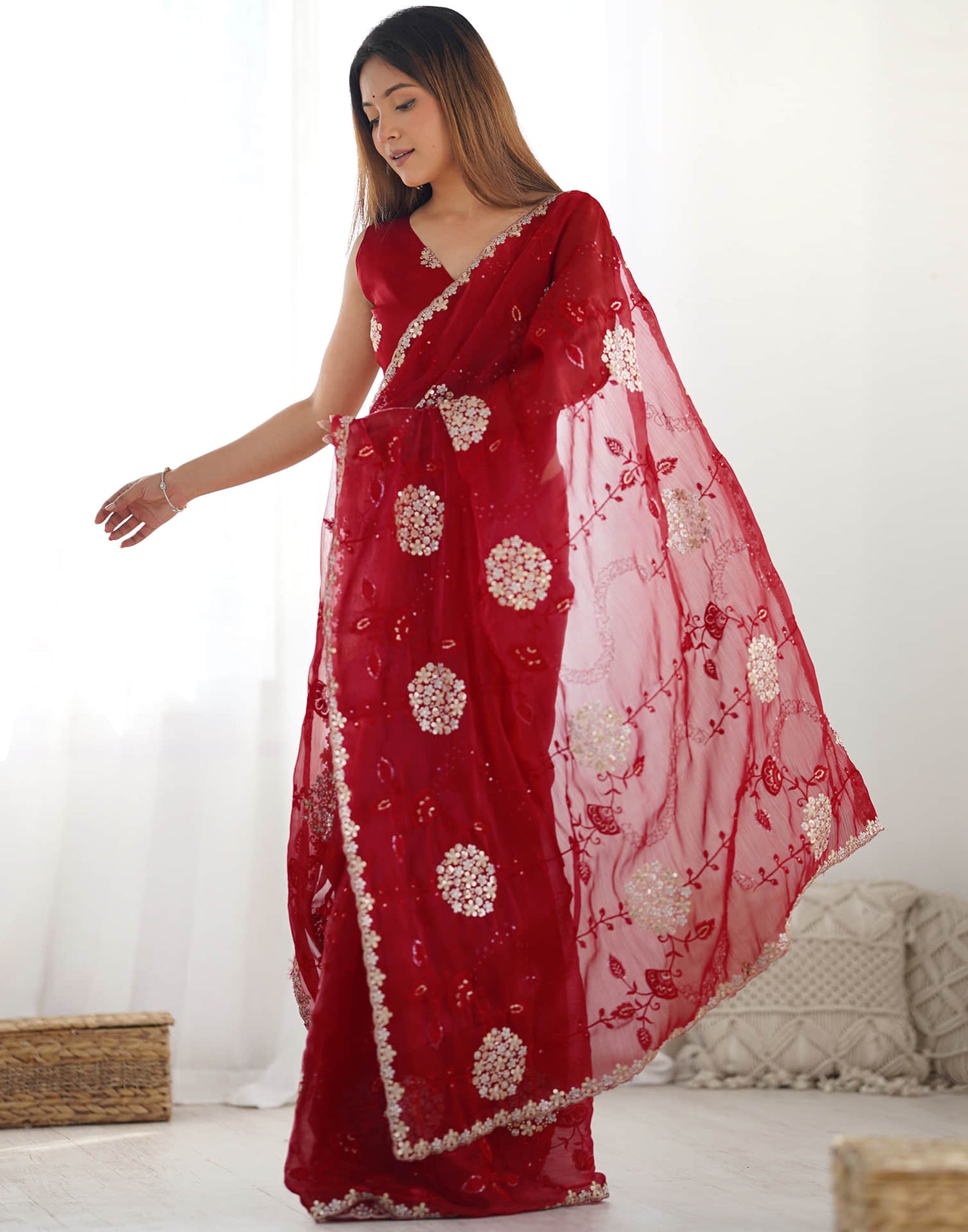 Red Shimmer Embroidery Saree