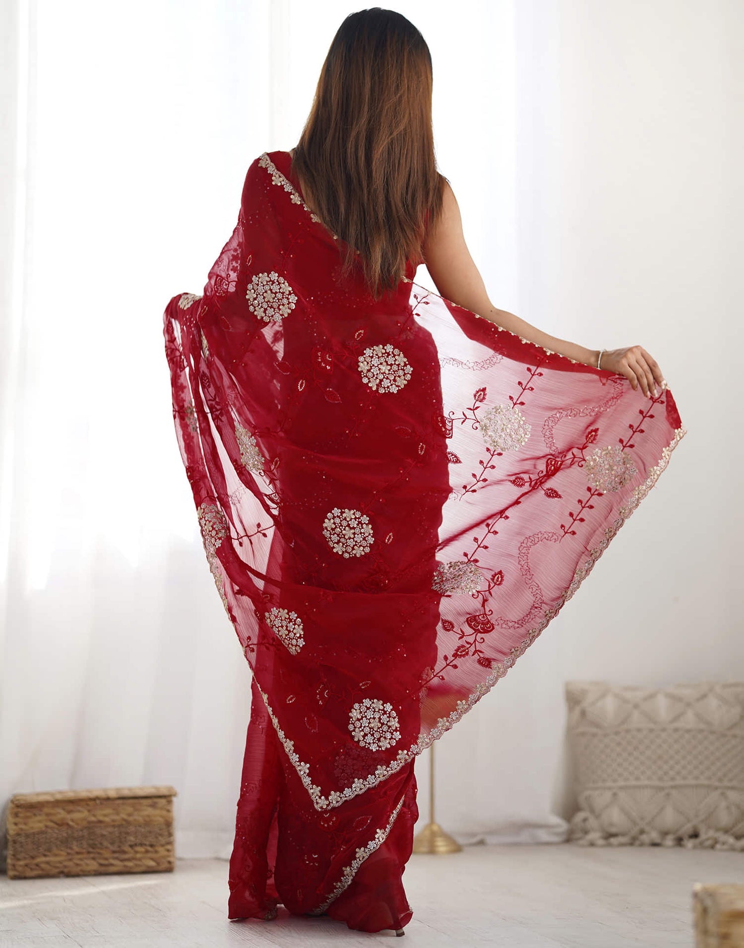 Red Shimmer Embroidery Saree