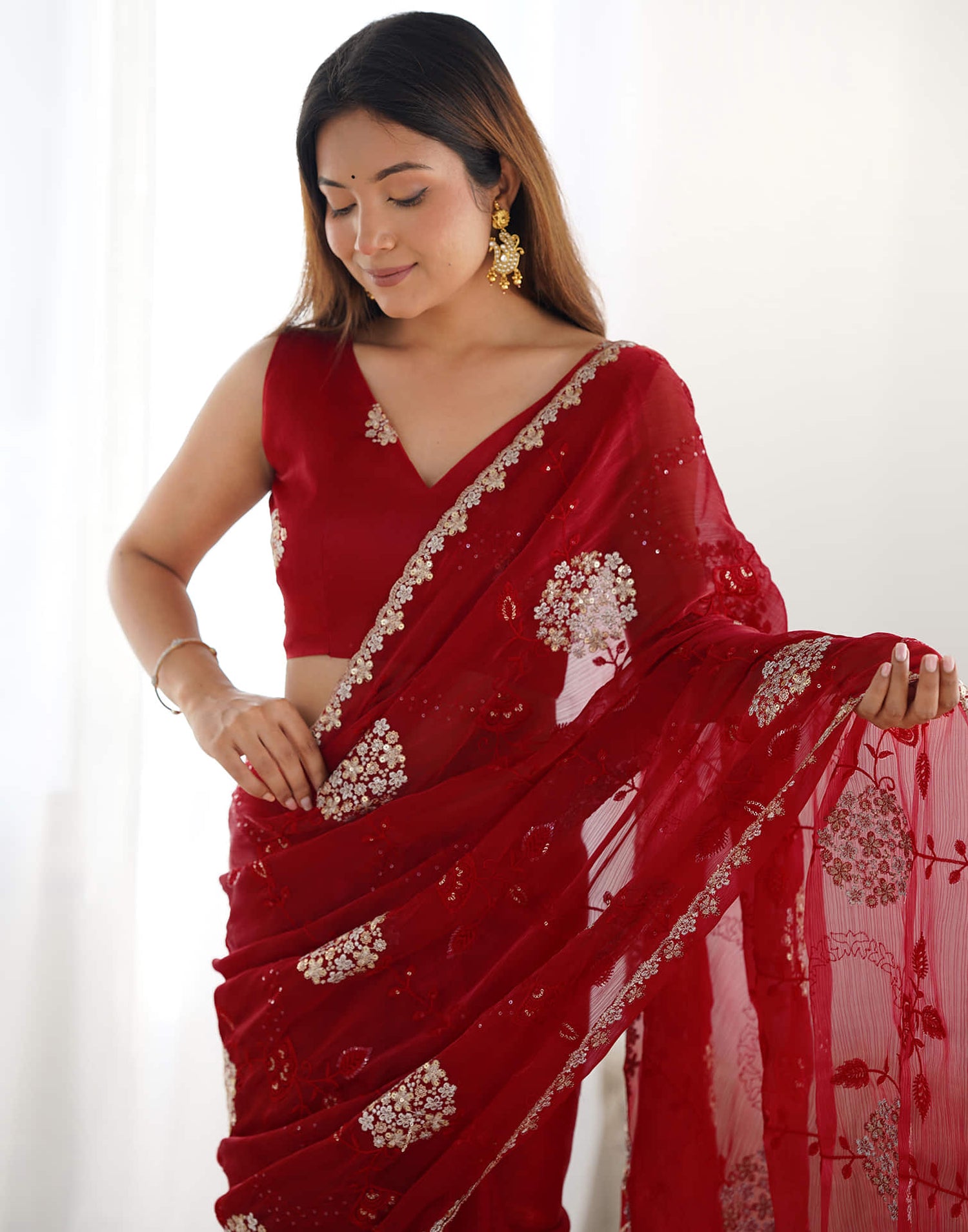 Red Shimmer Embroidery Saree