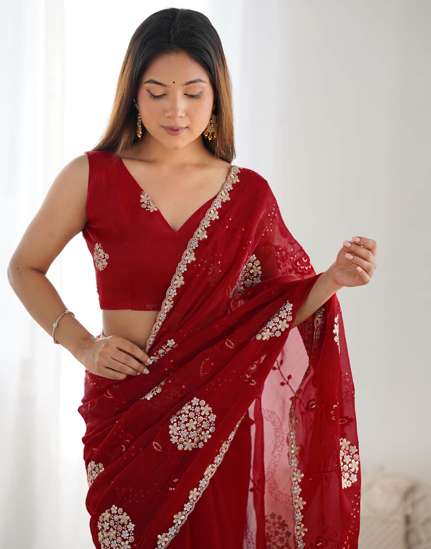 Red Shimmer Embroidery Saree