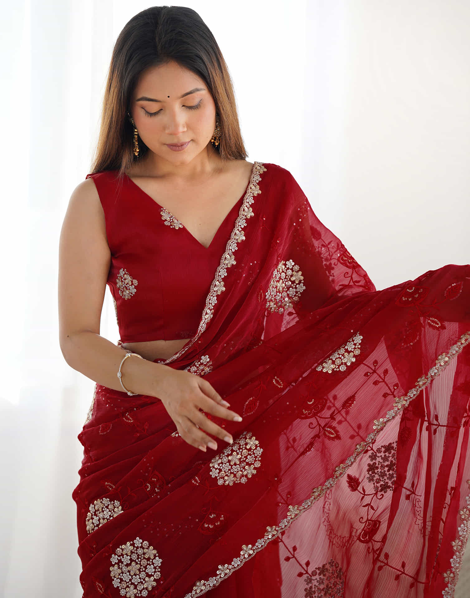 Red Shimmer Embroidery Saree