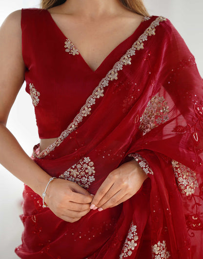 Red Shimmer Embroidery Saree