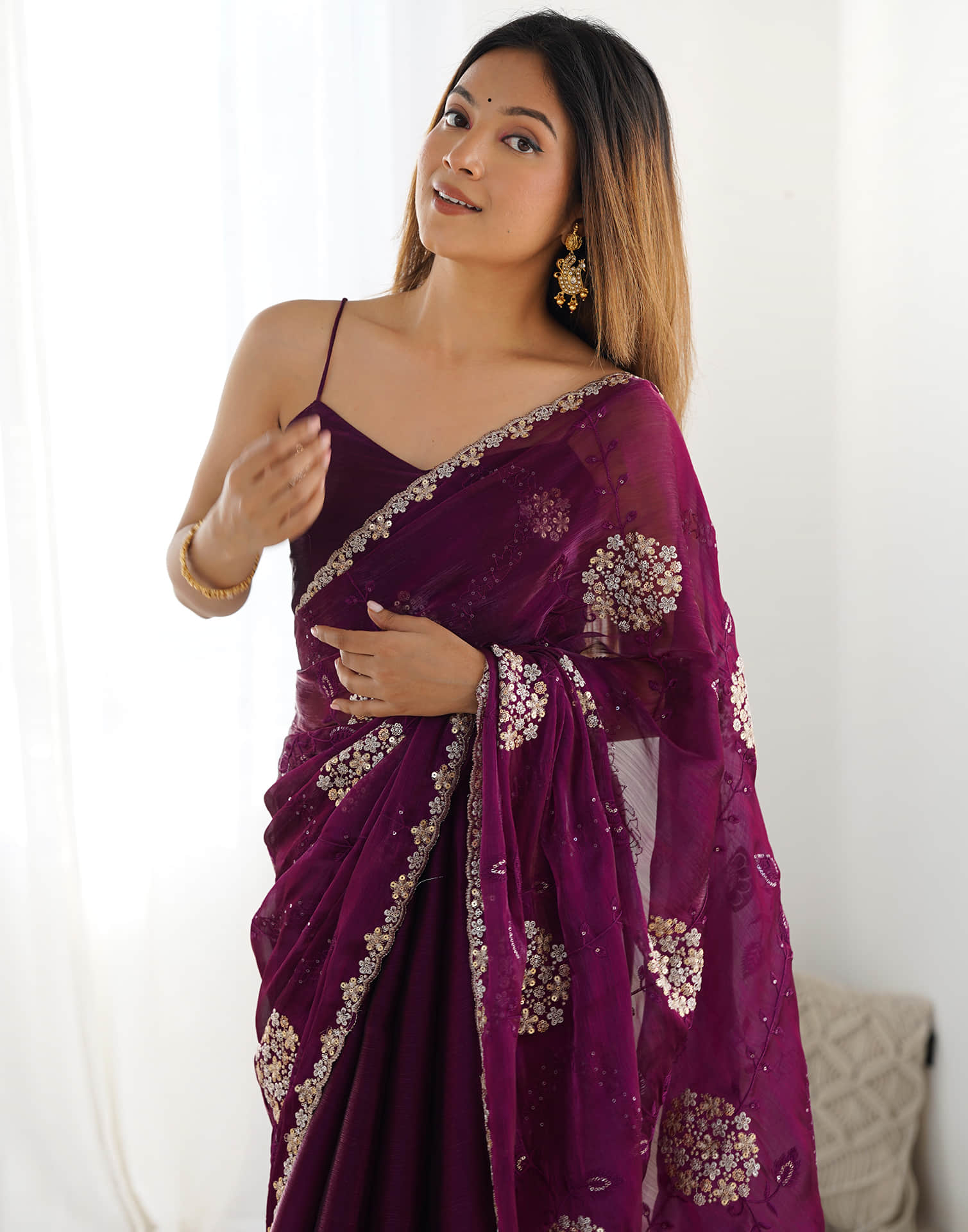 Wine Shimmer Embroidery Saree