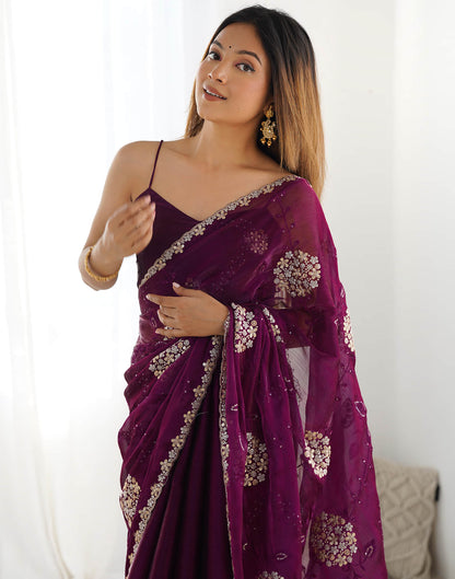 Wine Shimmer Embroidery Saree