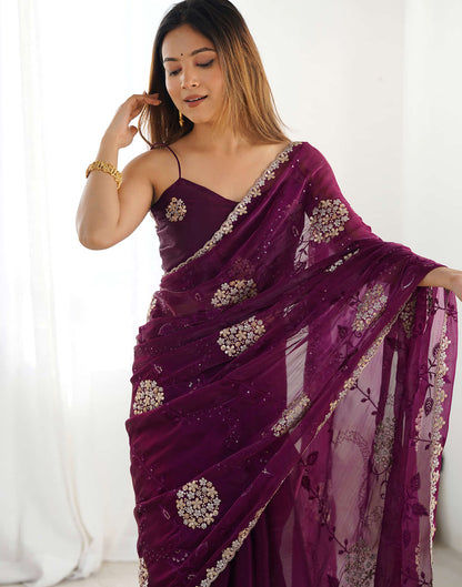 Wine Shimmer Embroidery Saree