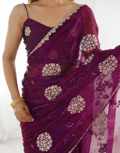 Wine Shimmer Embroidery Saree