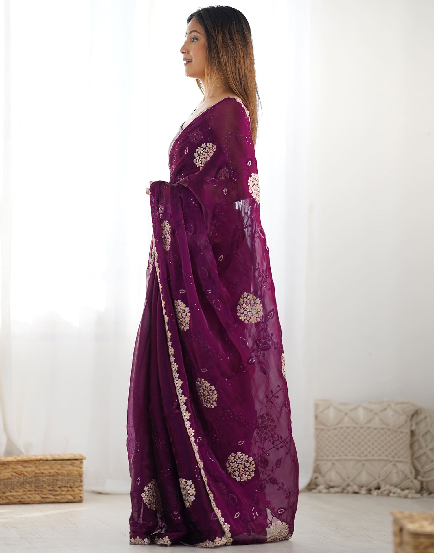 Wine Shimmer Embroidery Saree