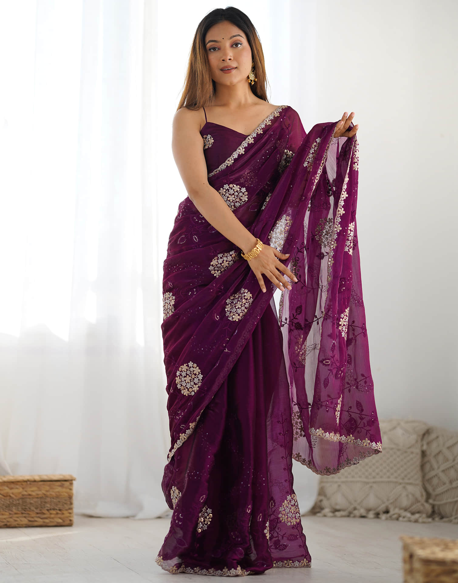 Wine Shimmer Embroidery Saree