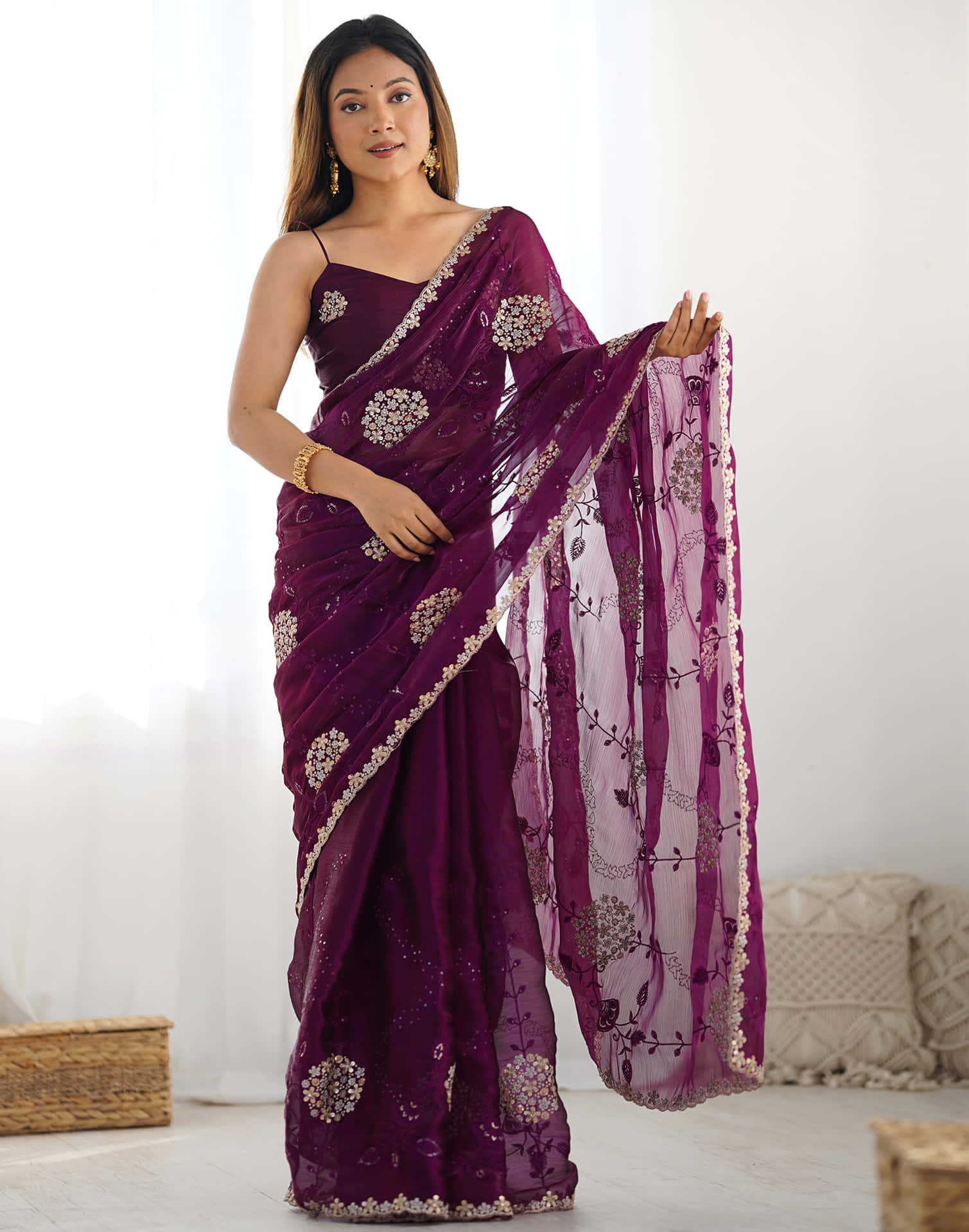 Wine Shimmer Embroidery Saree