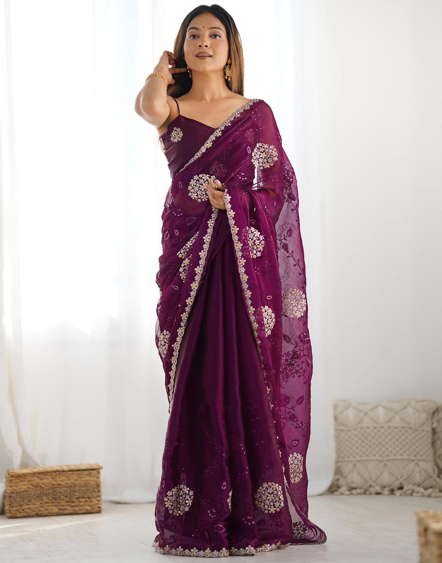 Wine Shimmer Embroidery Saree