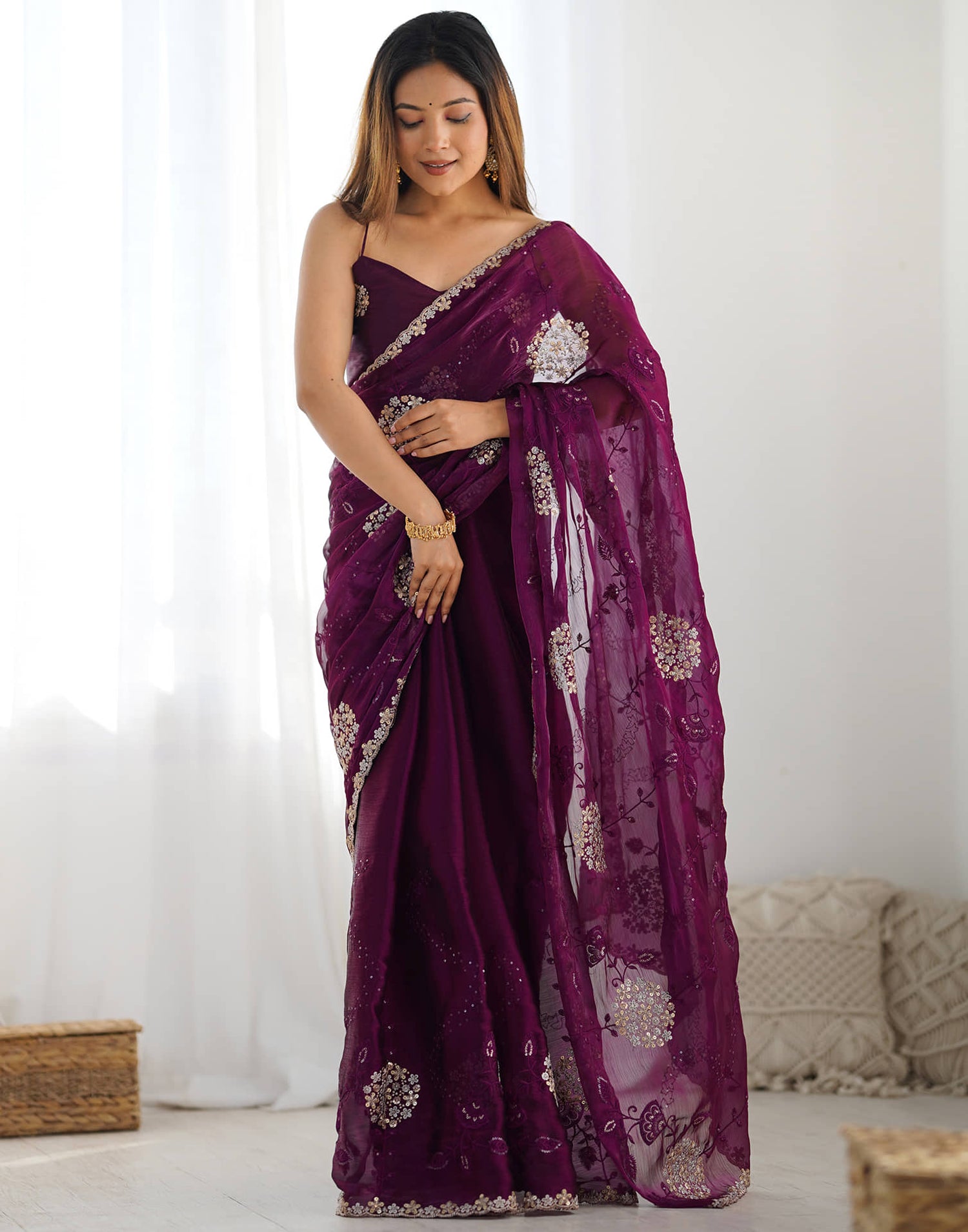 Wine Shimmer Embroidery Saree