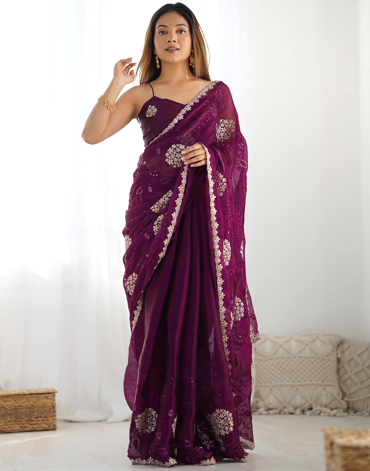 Wine Shimmer Embroidery Saree