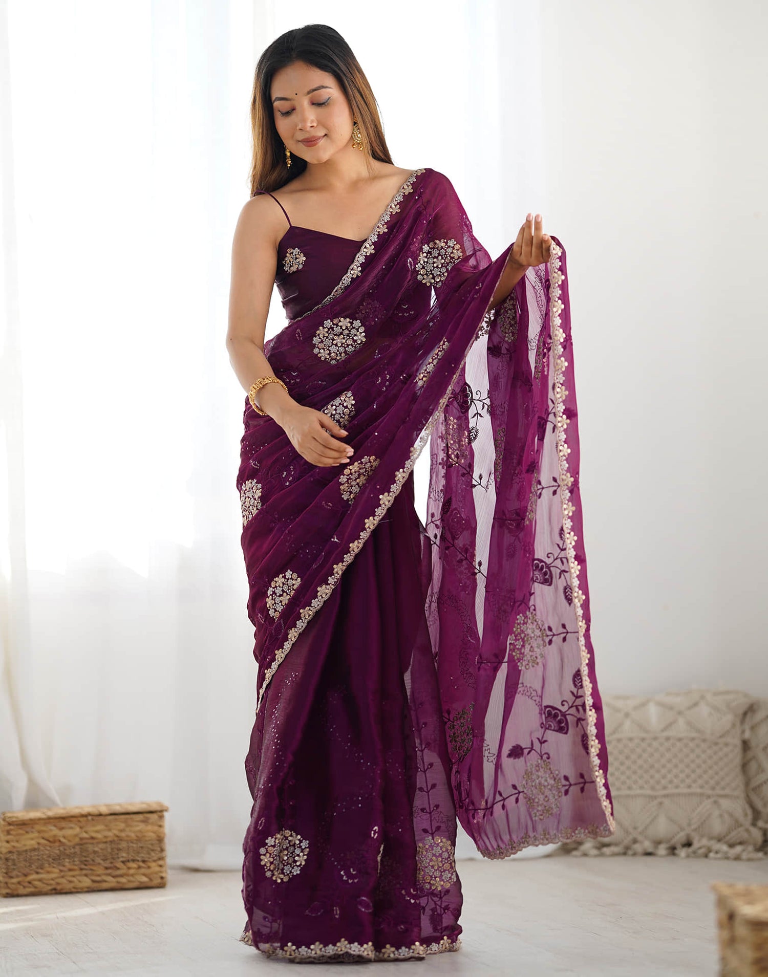 Wine Shimmer Embroidery Saree