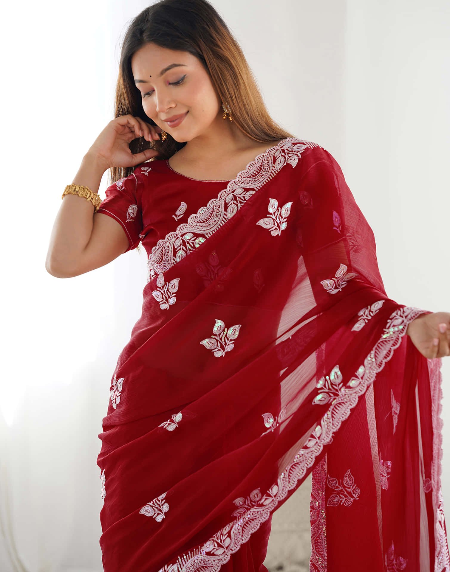 Dark Pink Shimmer Embroidery Sequence Saree