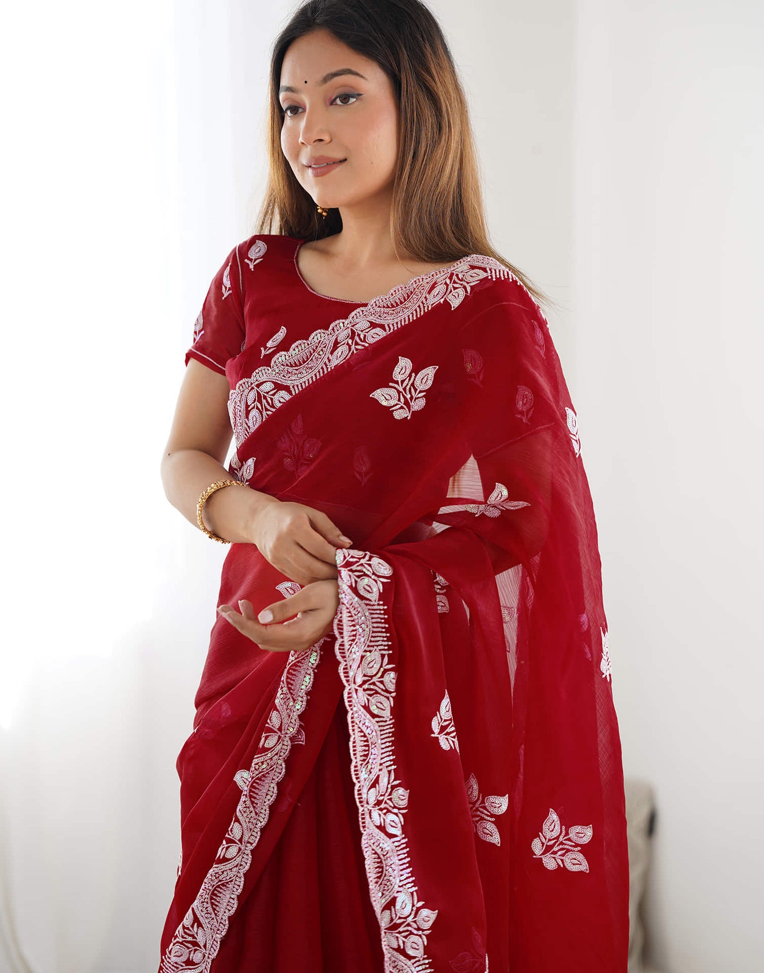 Dark Pink Shimmer Embroidery Sequence Saree