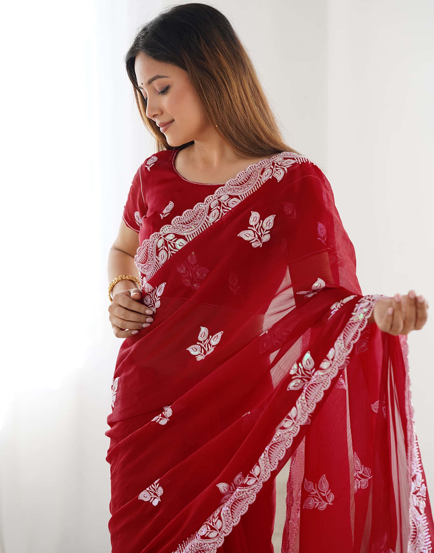 Dark Pink Shimmer Embroidery Sequence Saree