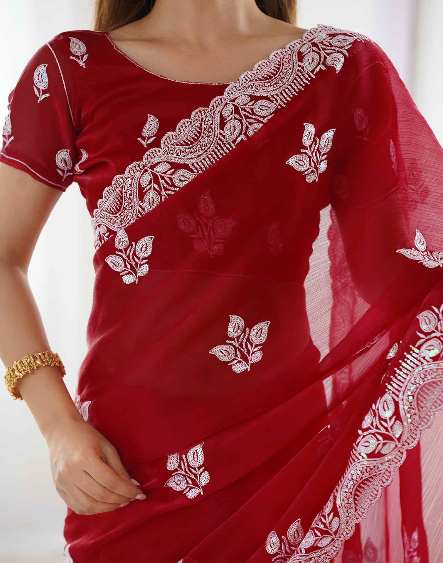 Dark Pink Shimmer Embroidery Sequence Saree