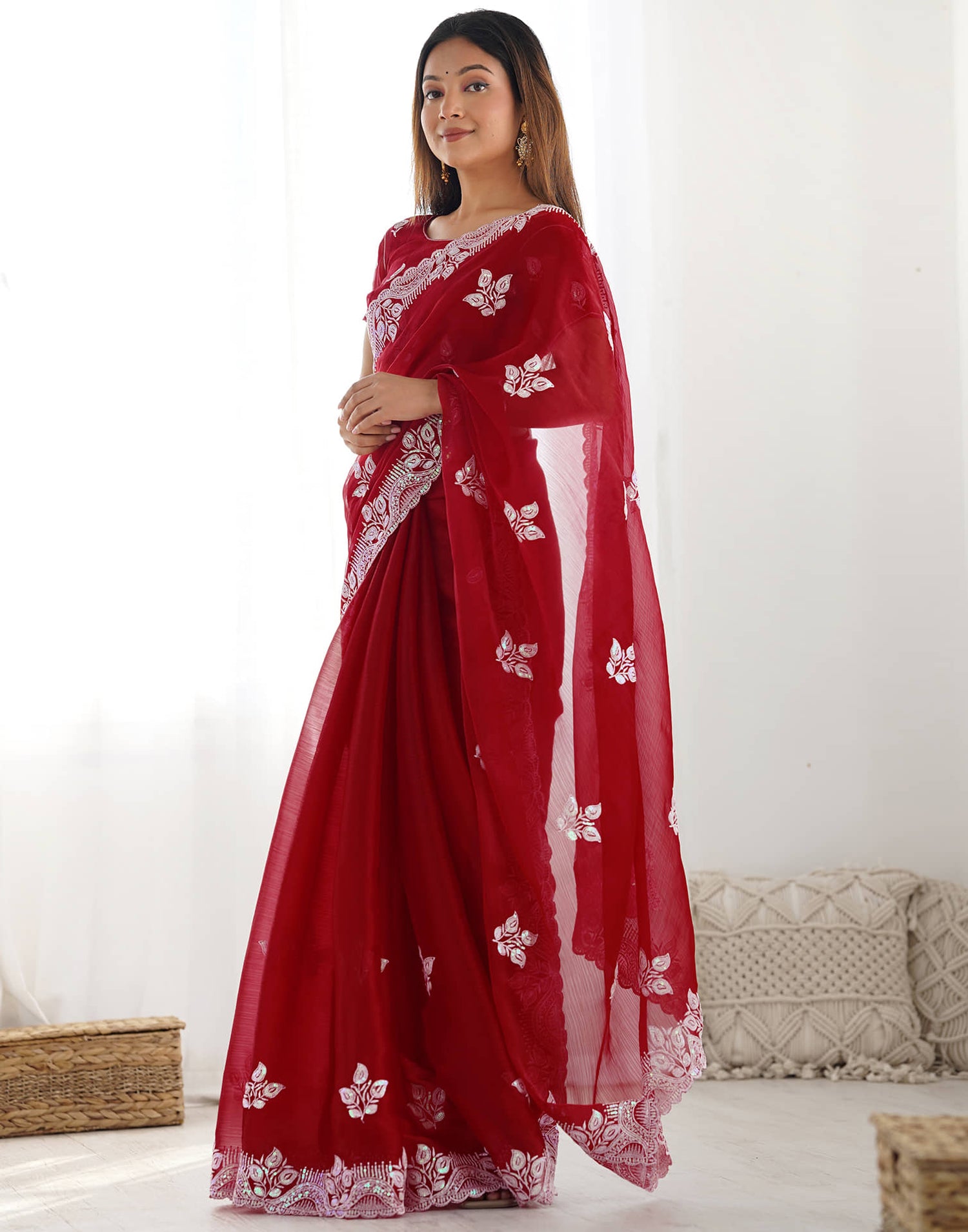 Dark Pink Shimmer Embroidery Sequence Saree