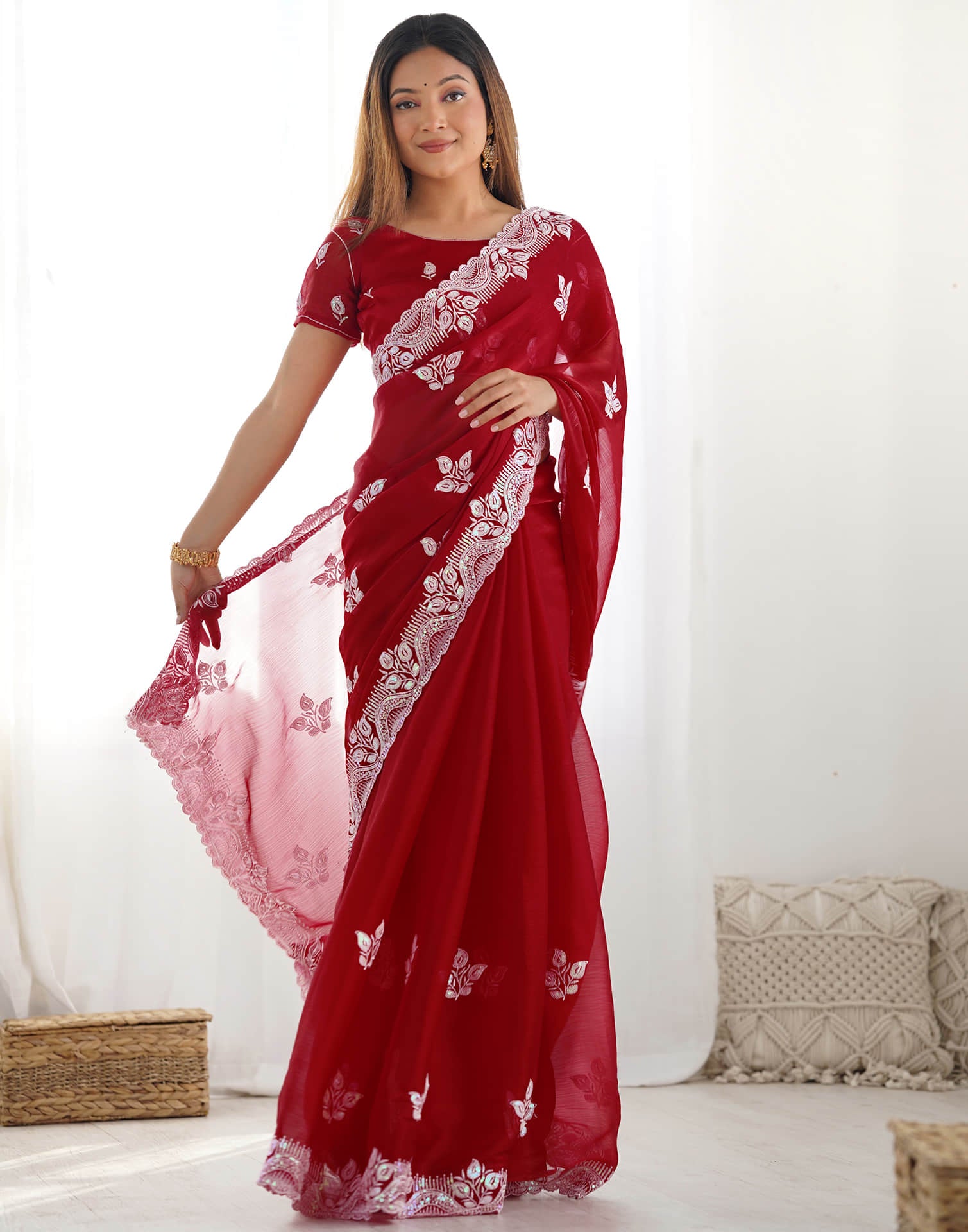 Dark Pink Shimmer Embroidery Sequence Saree