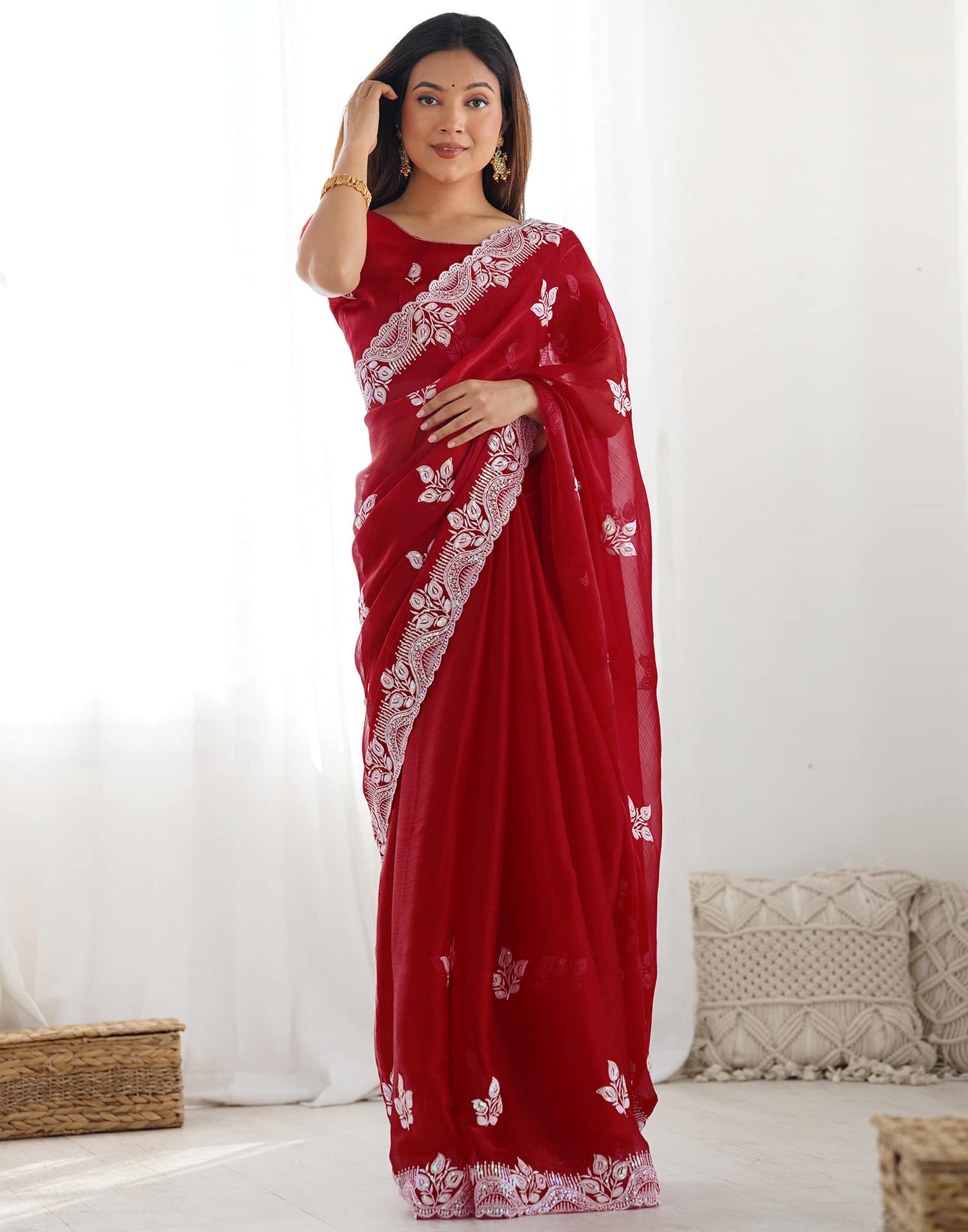 Dark Pink Shimmer Embroidery Sequence Saree