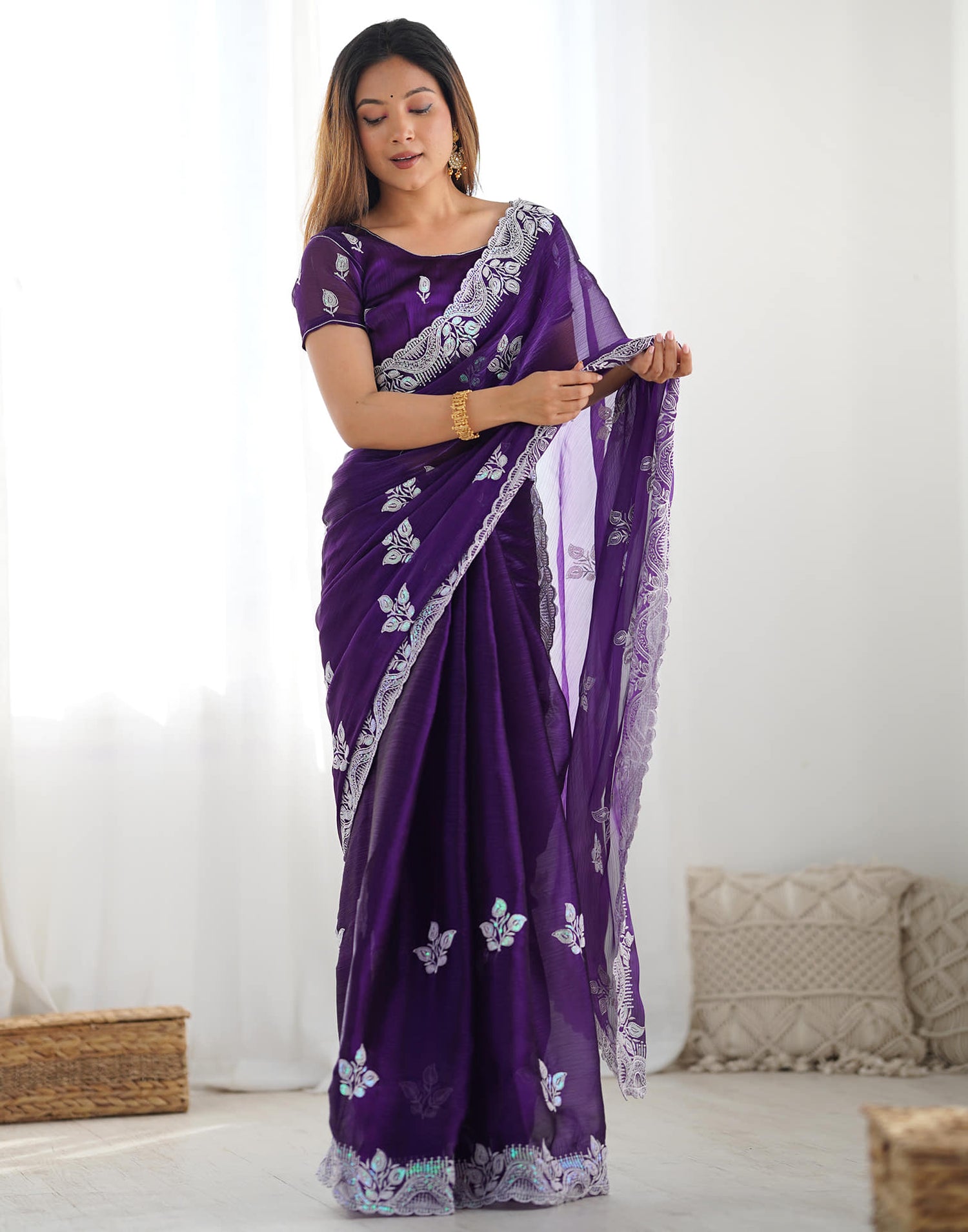 Purple Shimmer Embroidery Sequence Saree