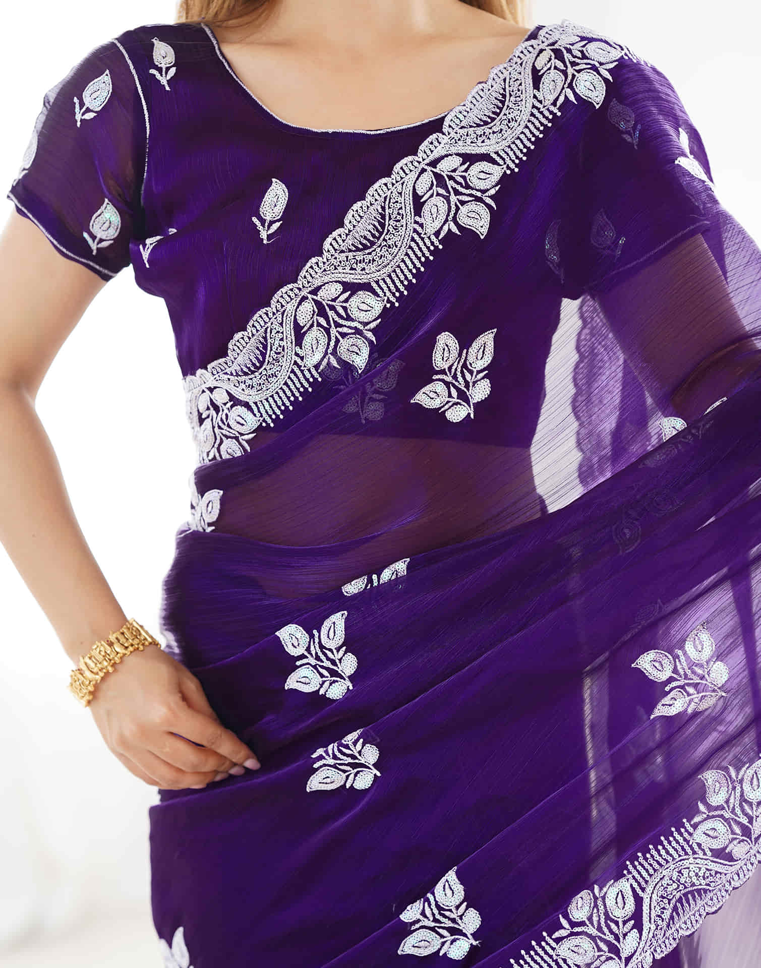 Purple Shimmer Embroidery Sequence Saree