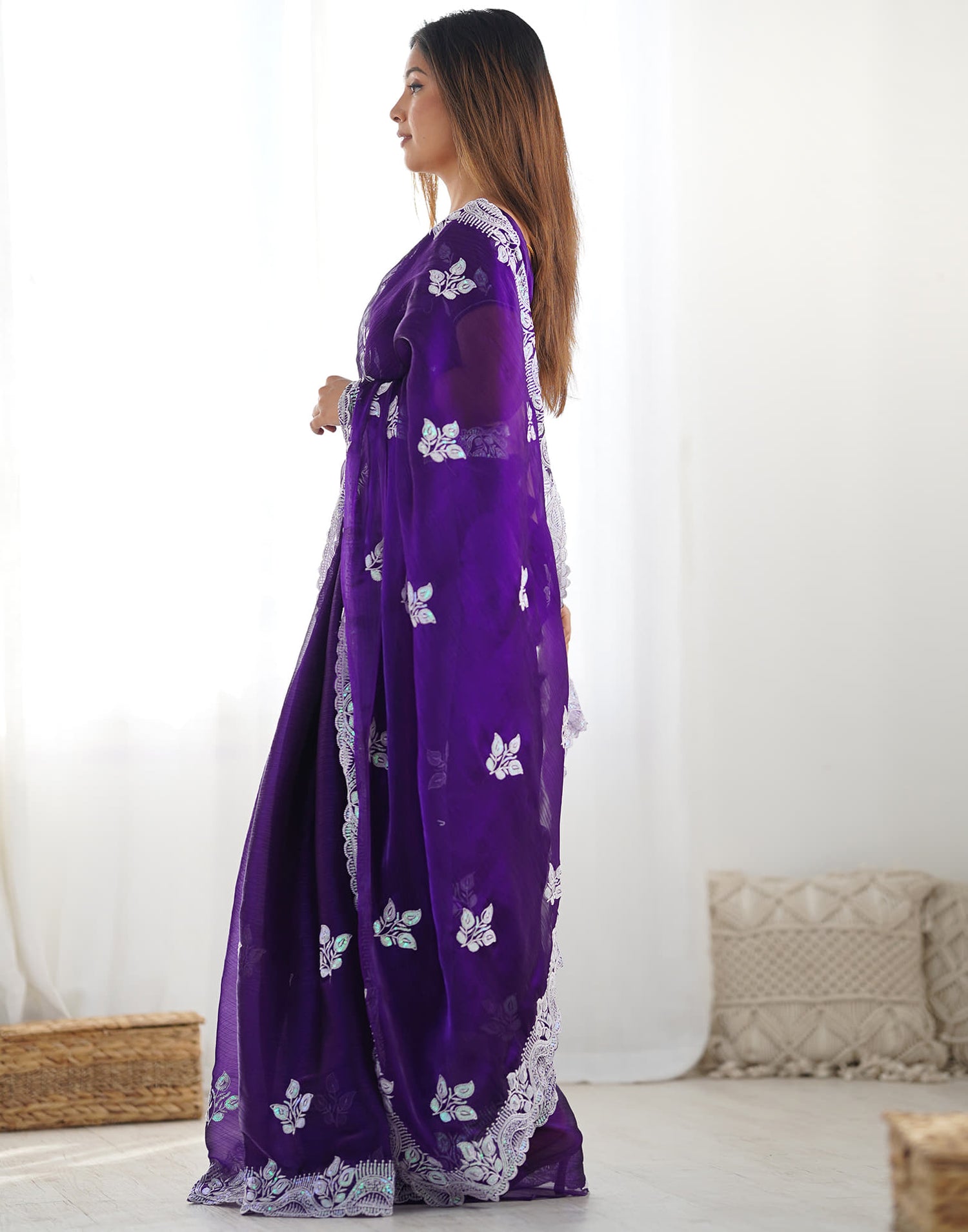 Purple Shimmer Embroidery Sequence Saree