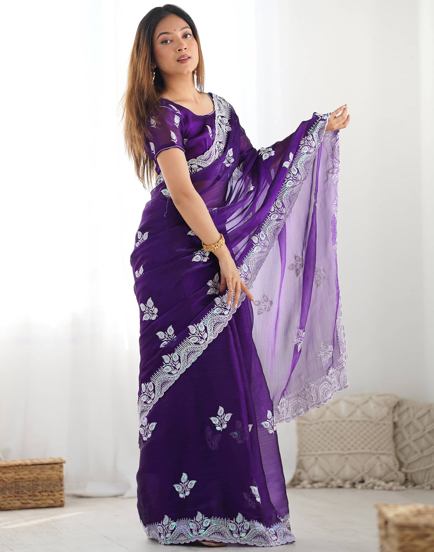 Purple Shimmer Embroidery Sequence Saree