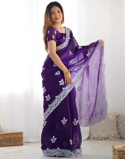 Purple Shimmer Embroidery Sequence Saree