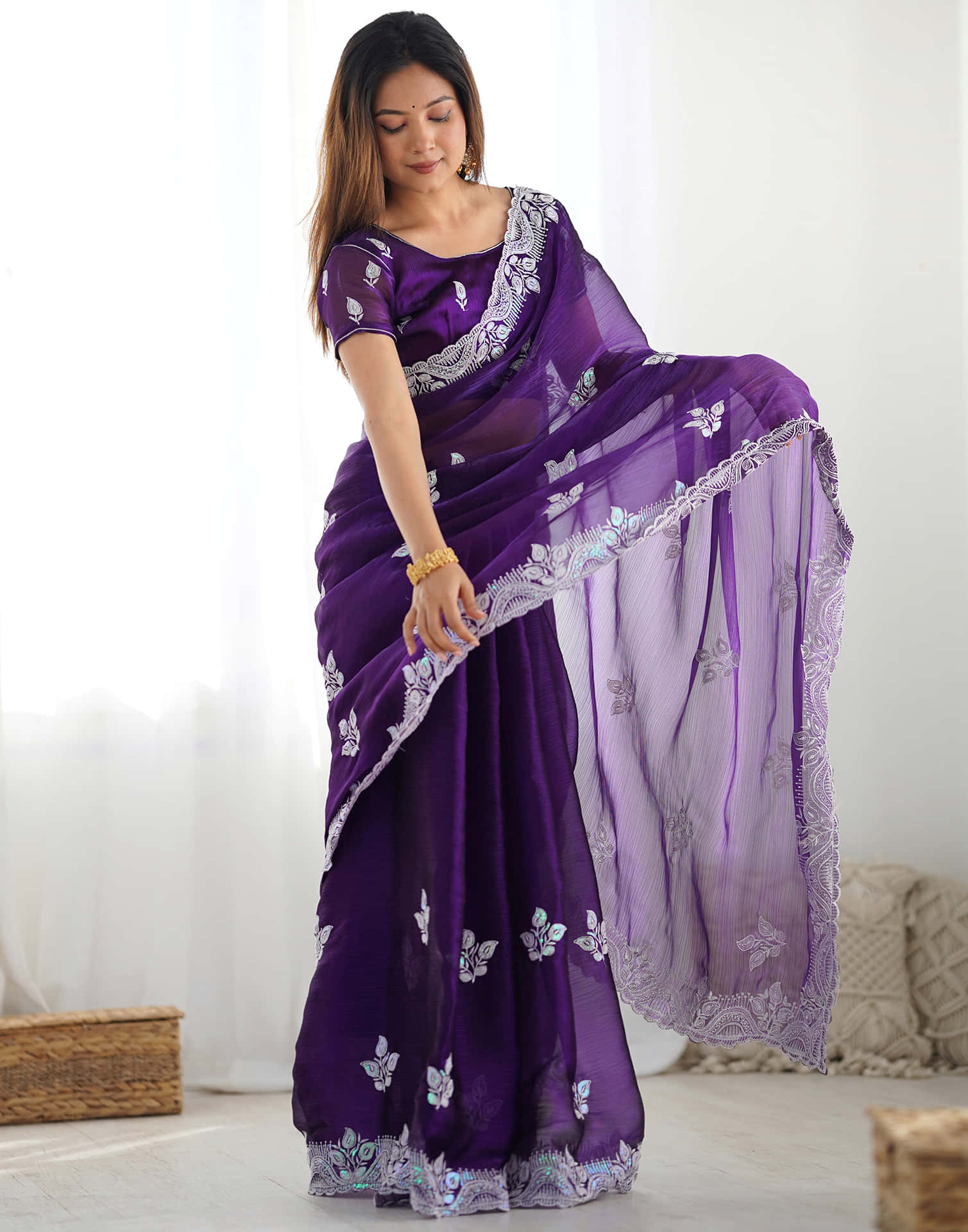 Purple Shimmer Embroidery Sequence Saree