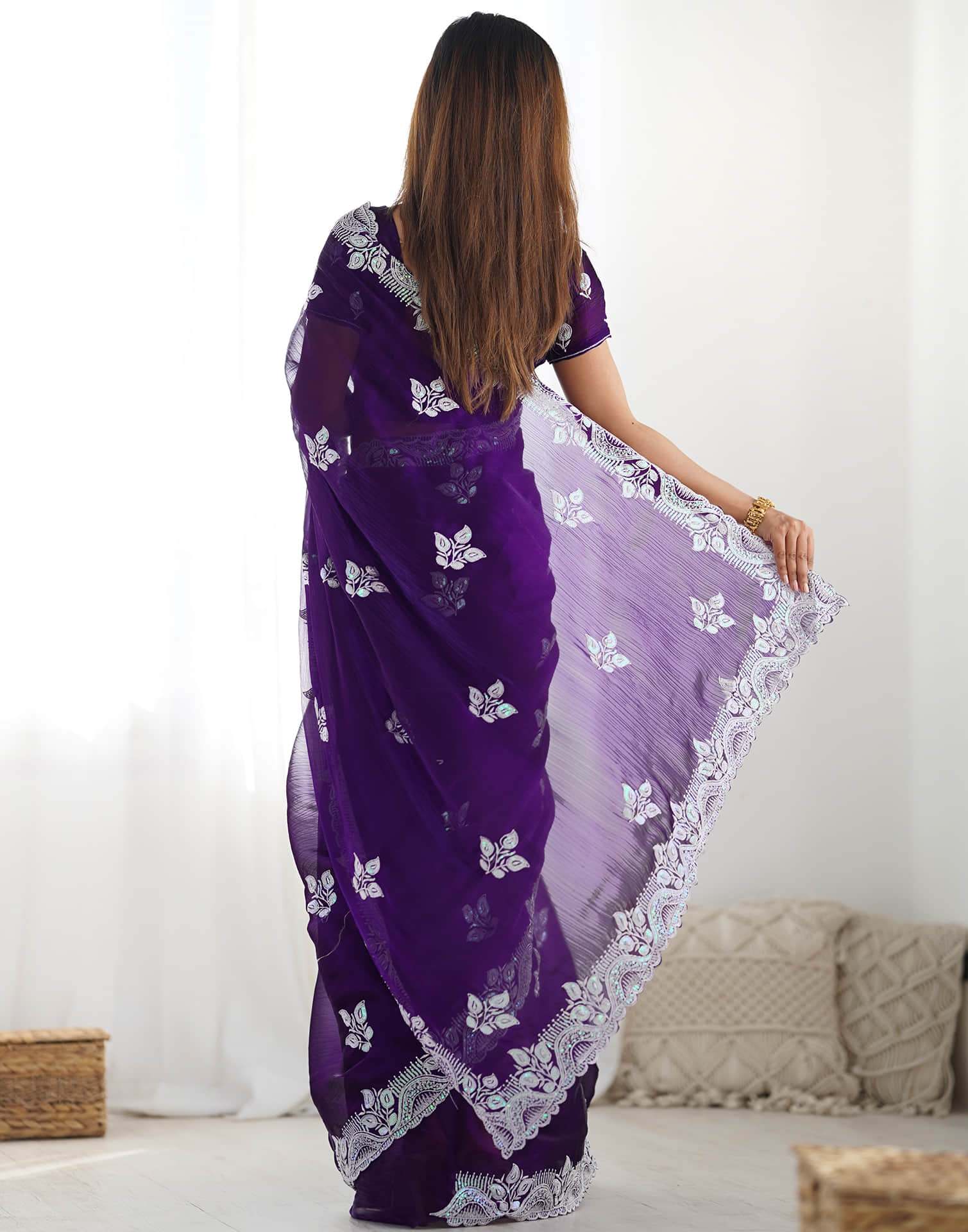 Purple Shimmer Embroidery Sequence Saree