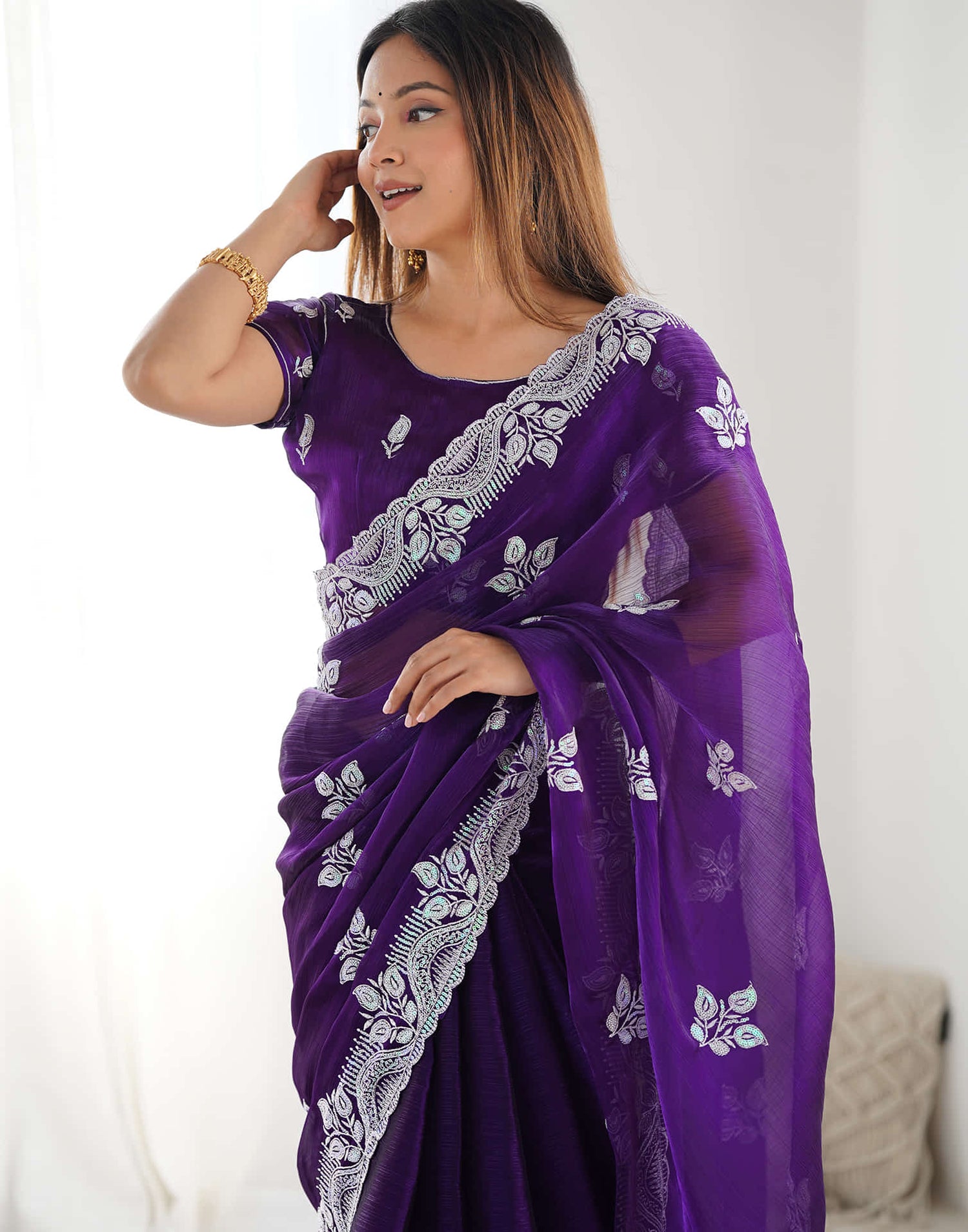 Purple Shimmer Embroidery Sequence Saree