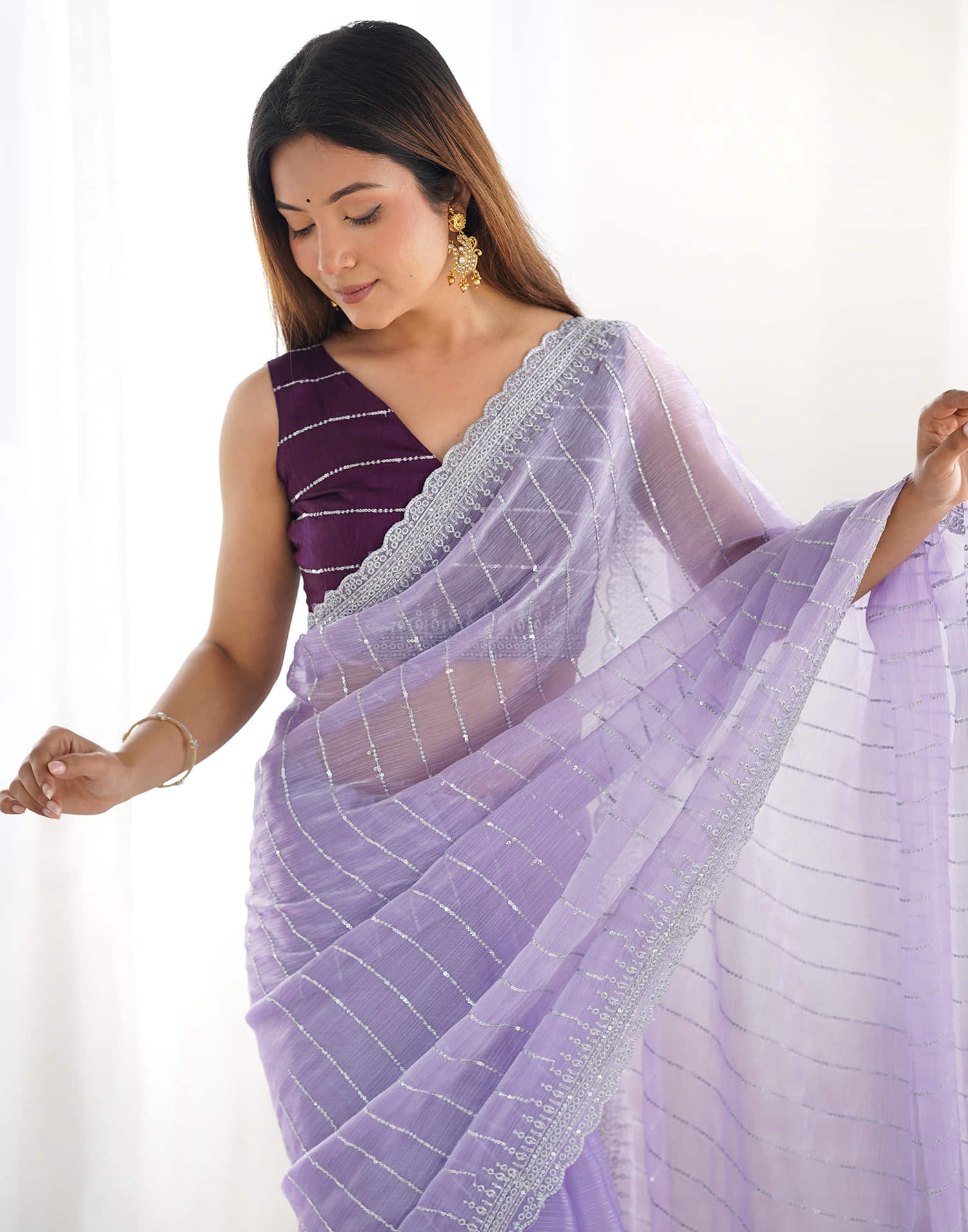 Lavender Shimmer Embroidery Sequence Saree