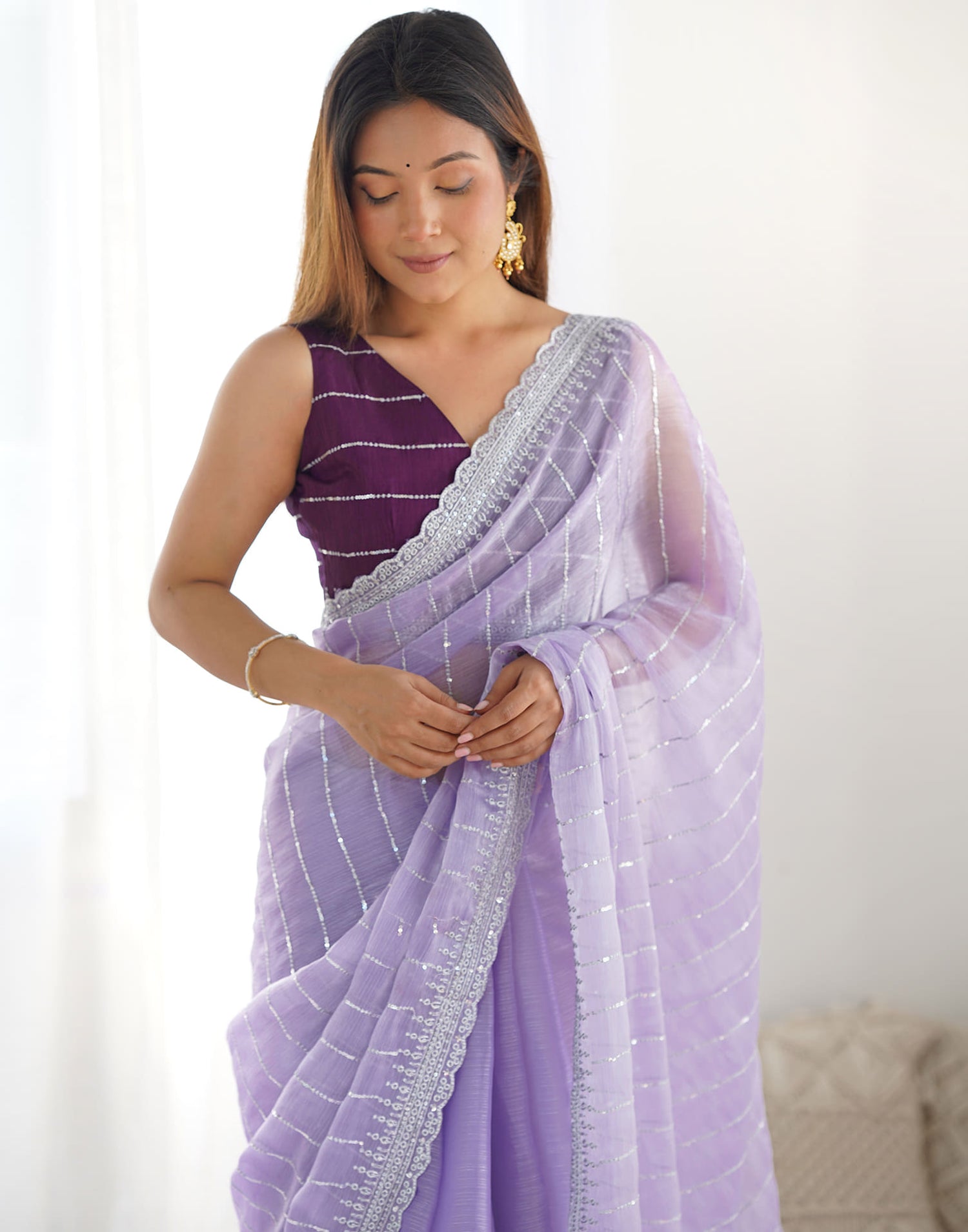 Lavender Shimmer Embroidery Sequence Saree