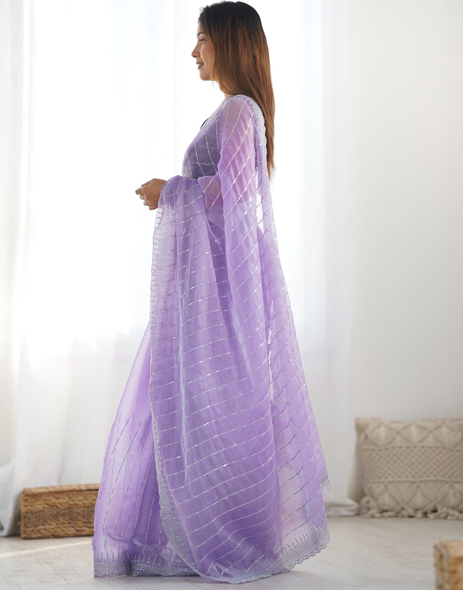 Lavender Shimmer Embroidery Sequence Saree