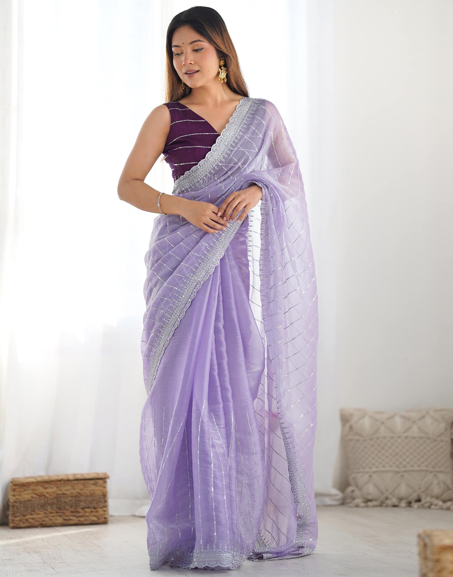 Lavender Shimmer Embroidery Sequence Saree