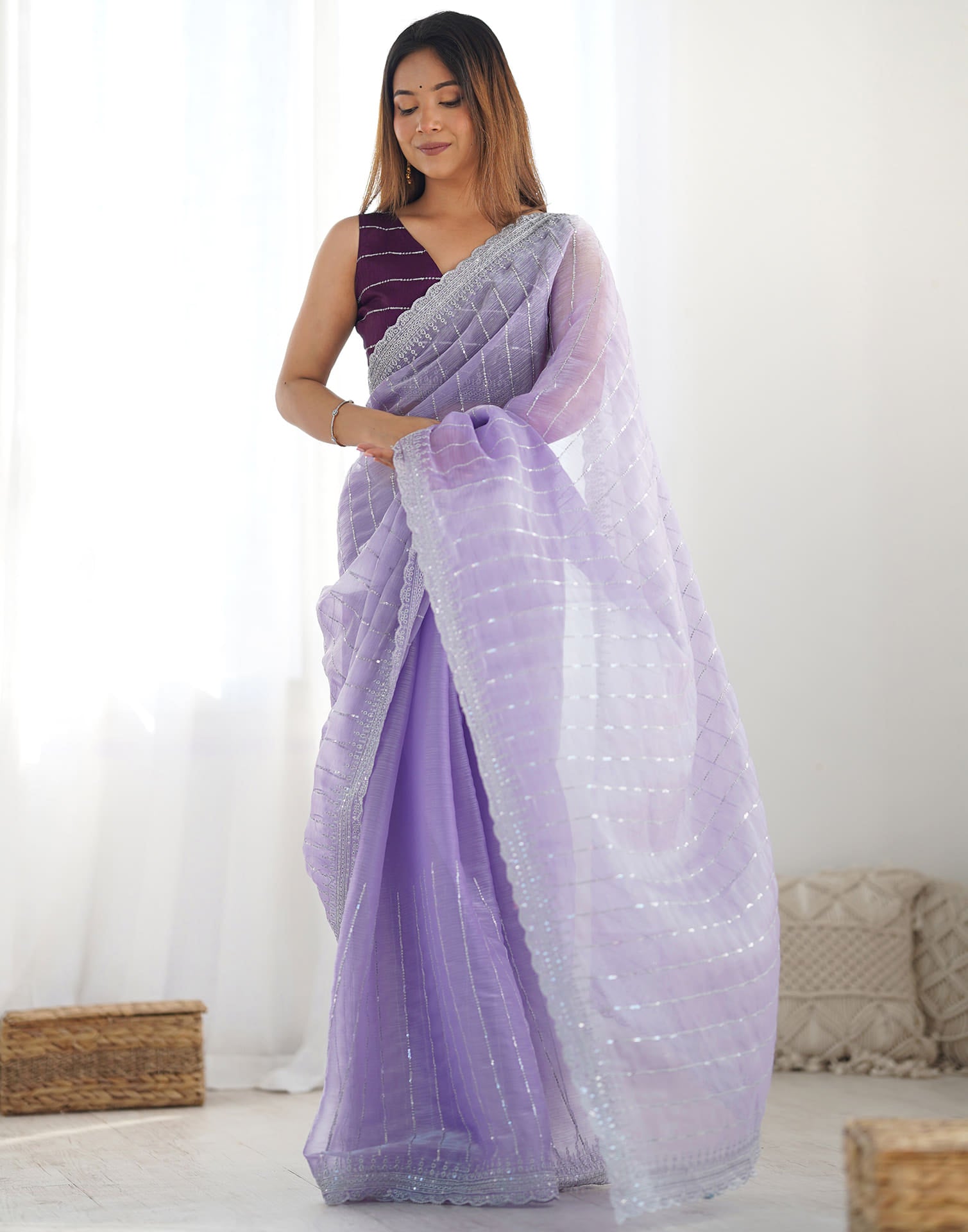 Lavender Shimmer Embroidery Sequence Saree