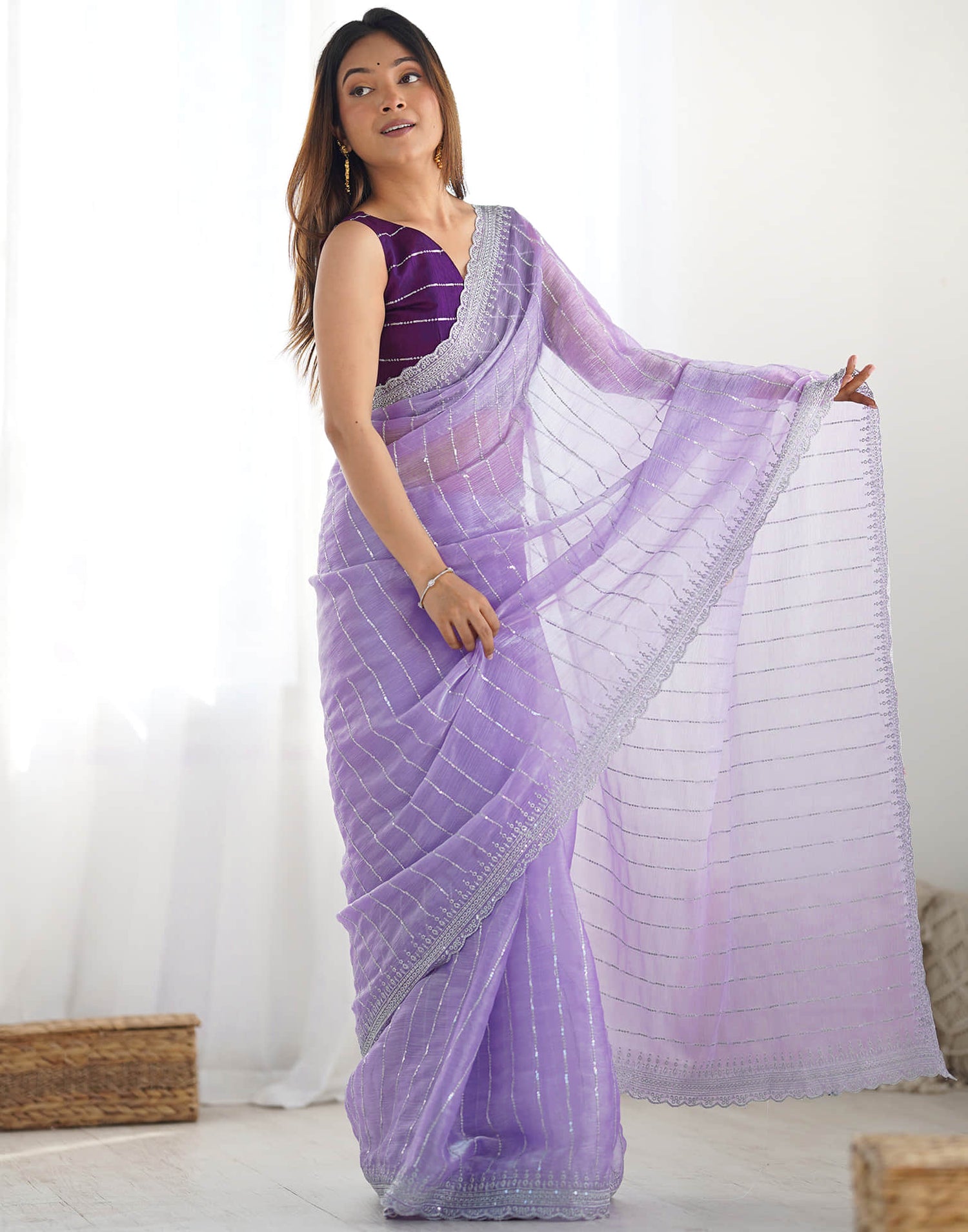 Lavender Shimmer Embroidery Sequence Saree