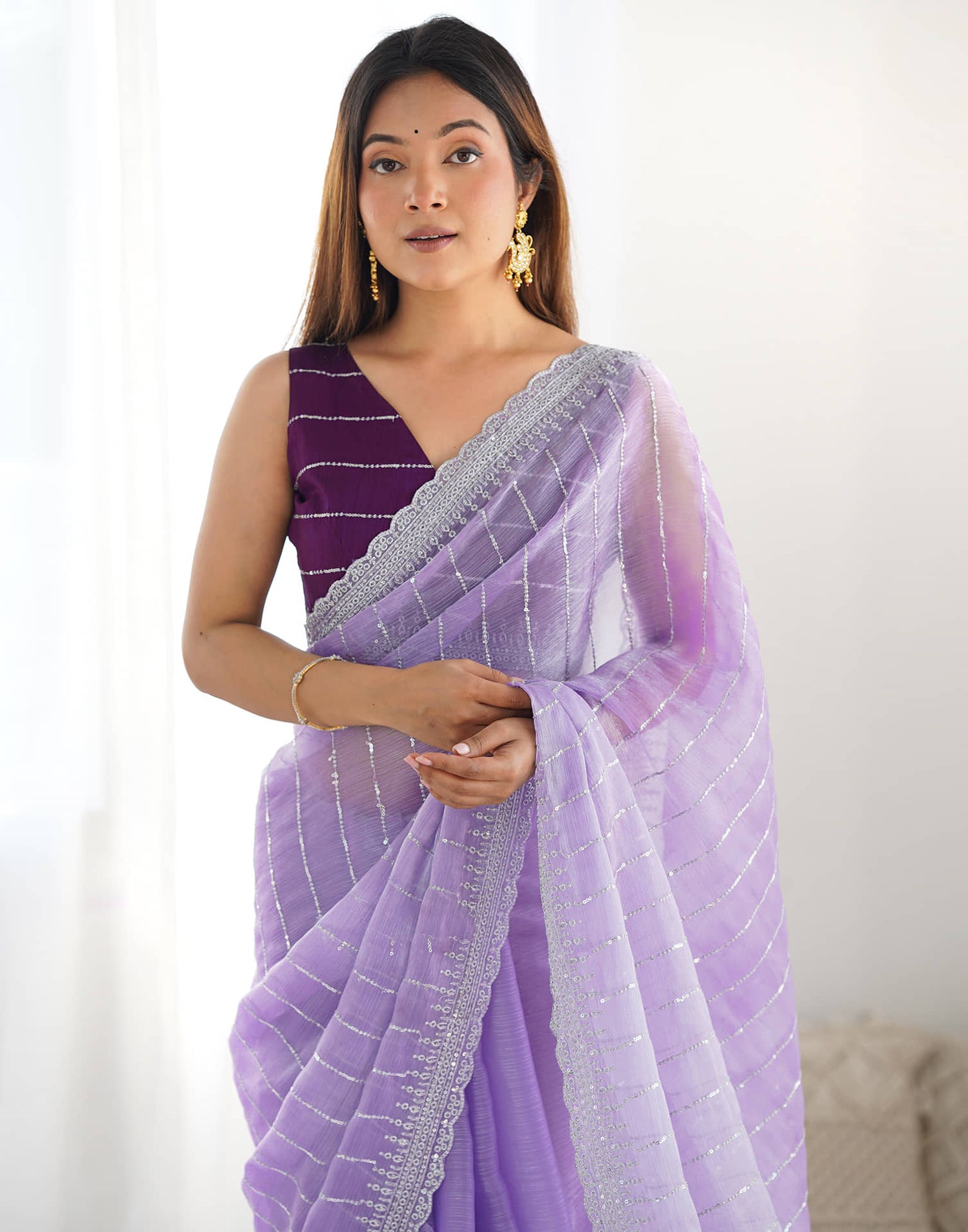 Lavender Shimmer Embroidery Sequence Saree