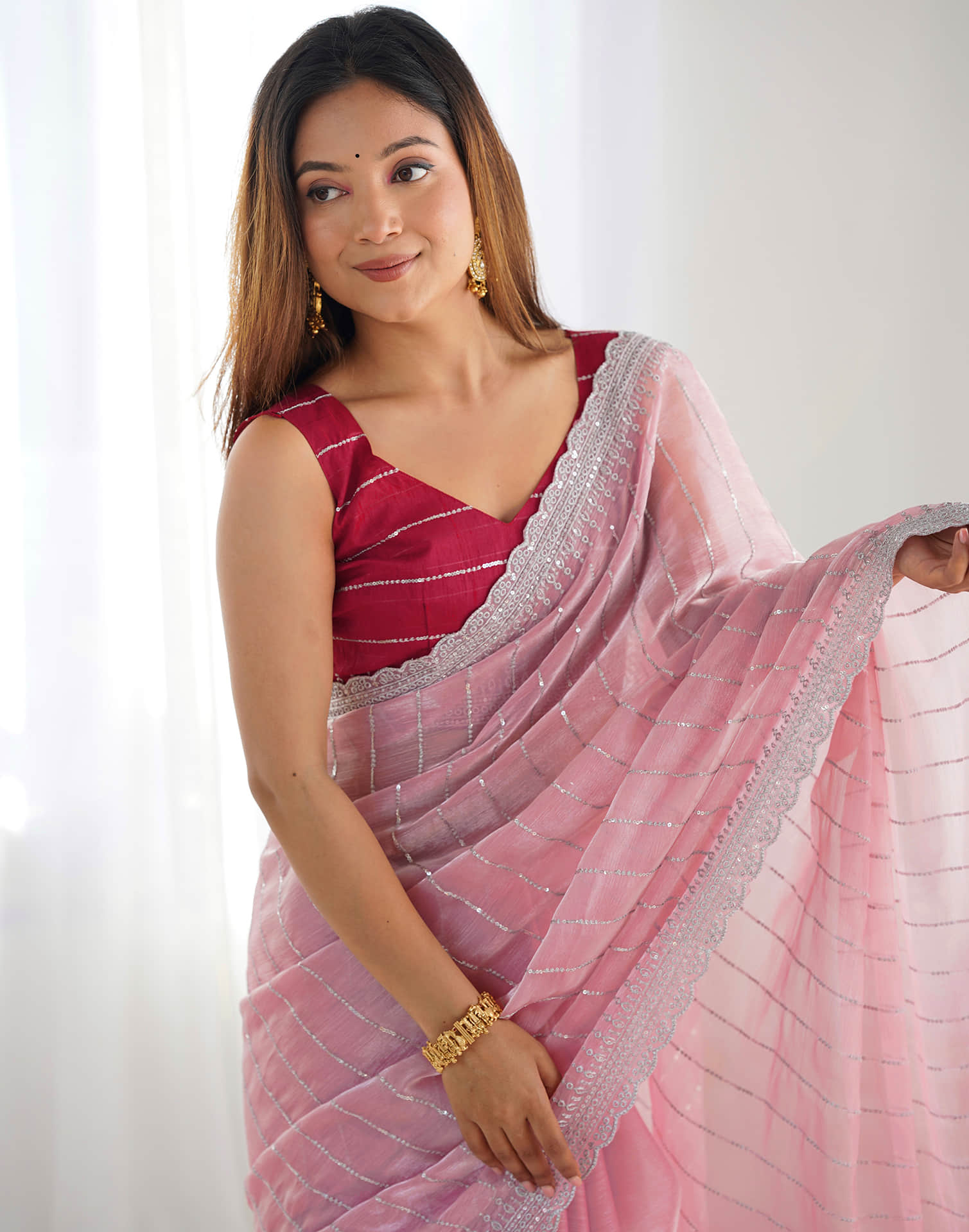 Pastel Pink Shimmer Embroidery Sequence Saree