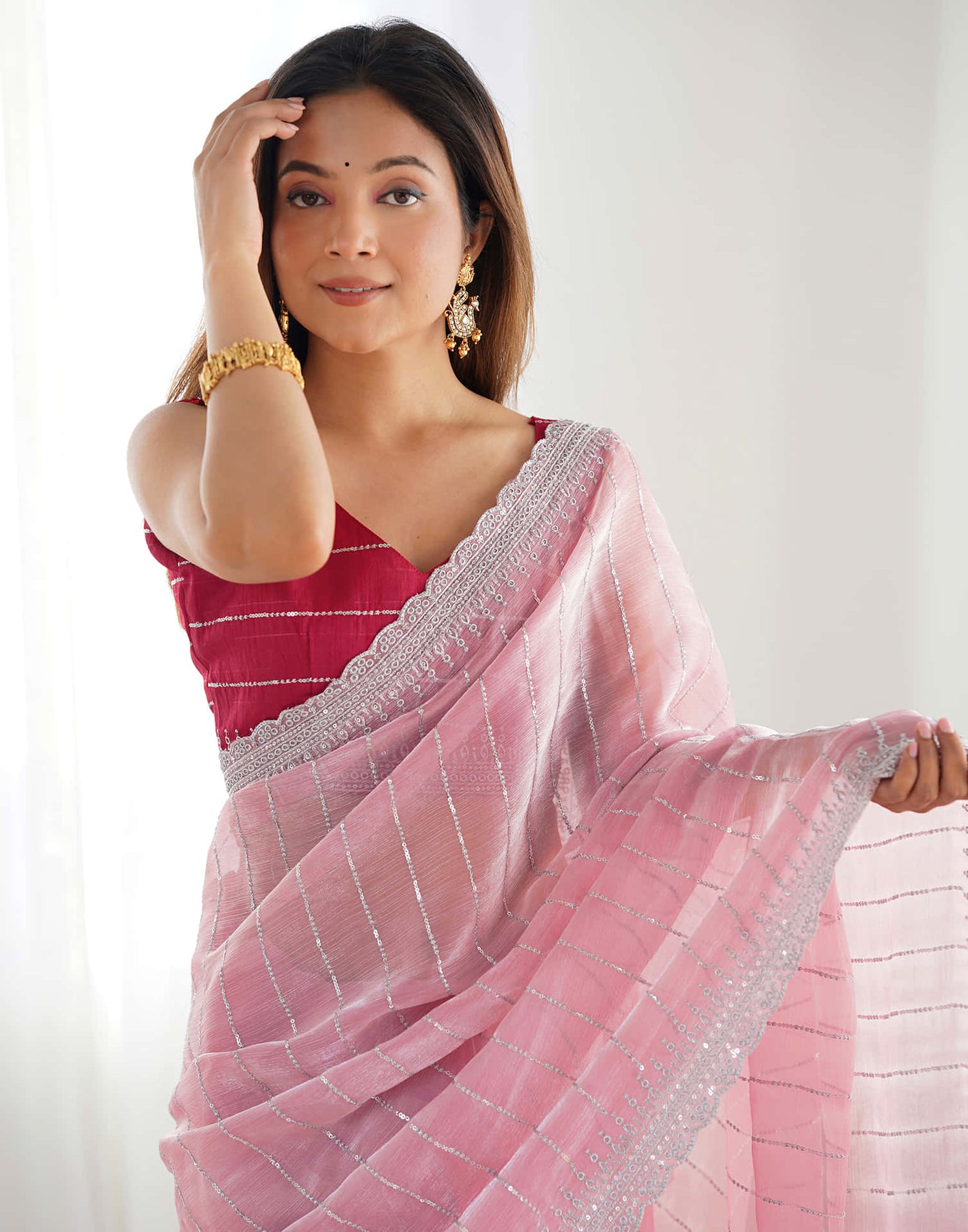 Pastel Pink Shimmer Embroidery Sequence Saree