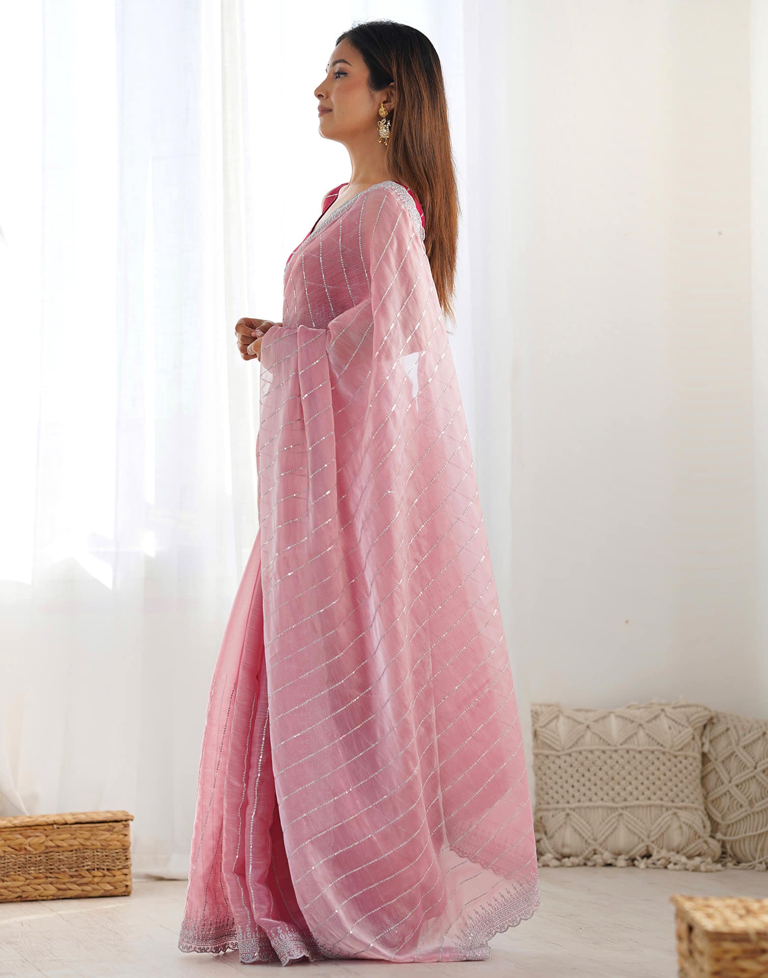 Pastel Pink Shimmer Embroidery Sequence Saree