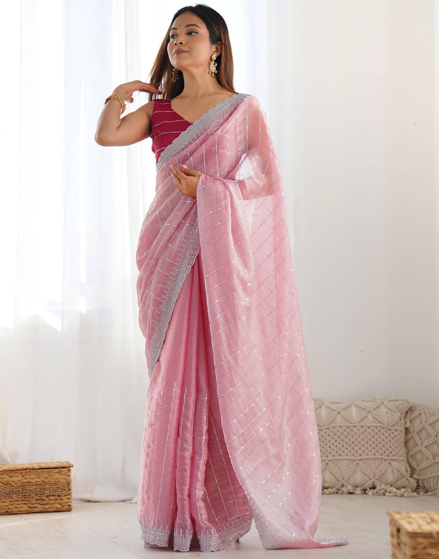 Pastel Pink Shimmer Embroidery Sequence Saree