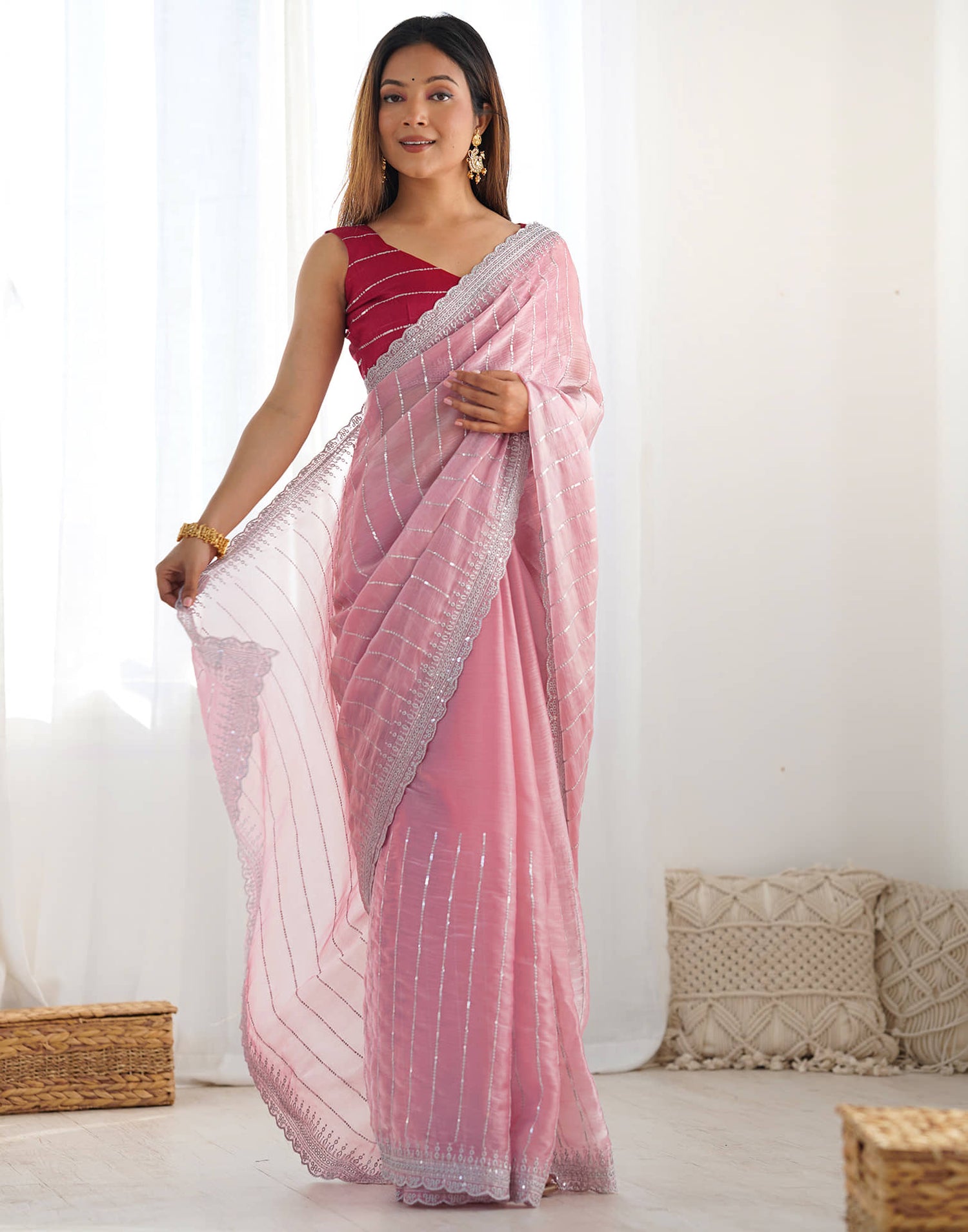 Pastel Pink Shimmer Embroidery Sequence Saree