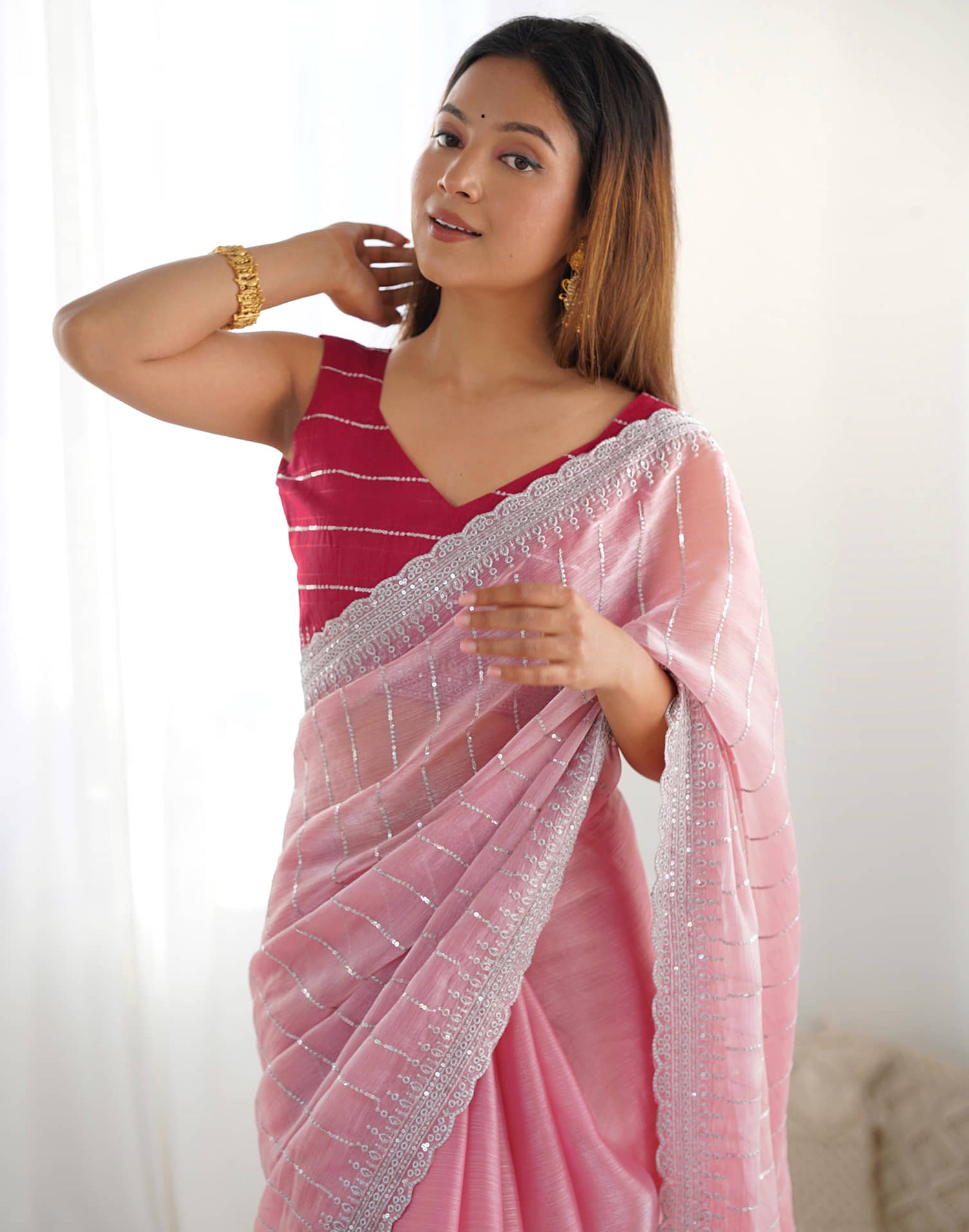 Pastel Pink Shimmer Embroidery Sequence Saree