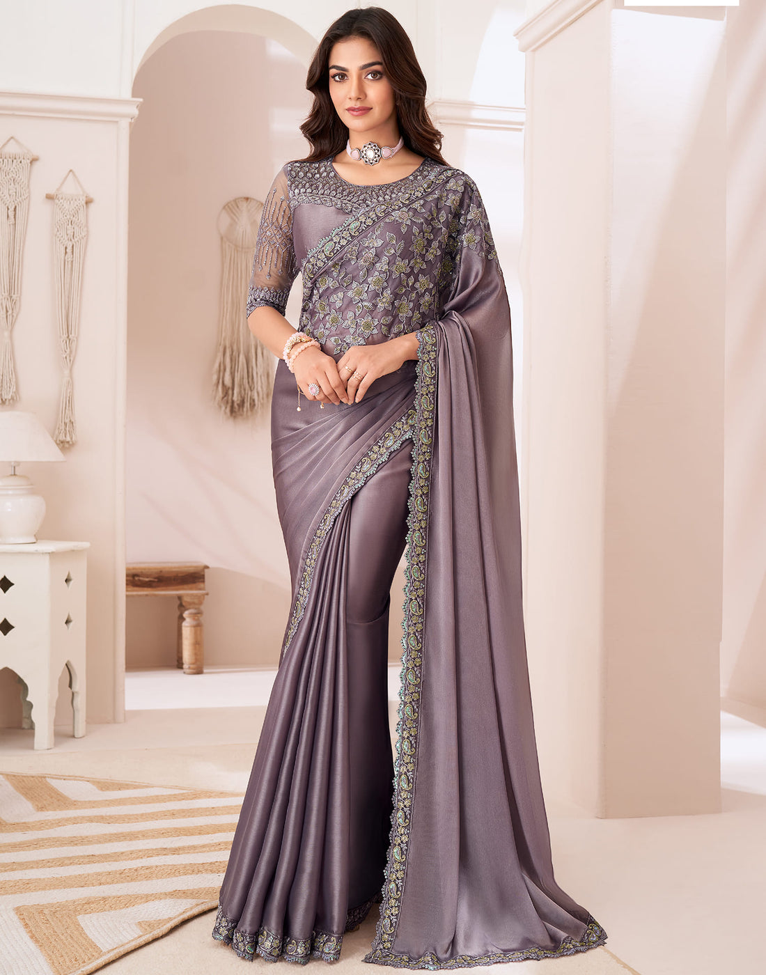 Dusty Mauve Satin Sequence Embellished Saree