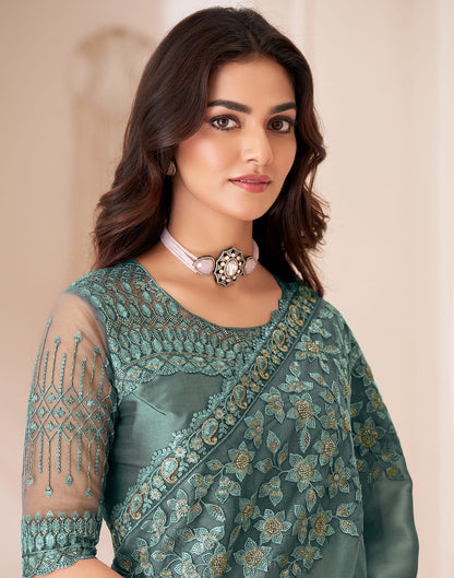 Rama Green Satin Sequence Embellished Saree