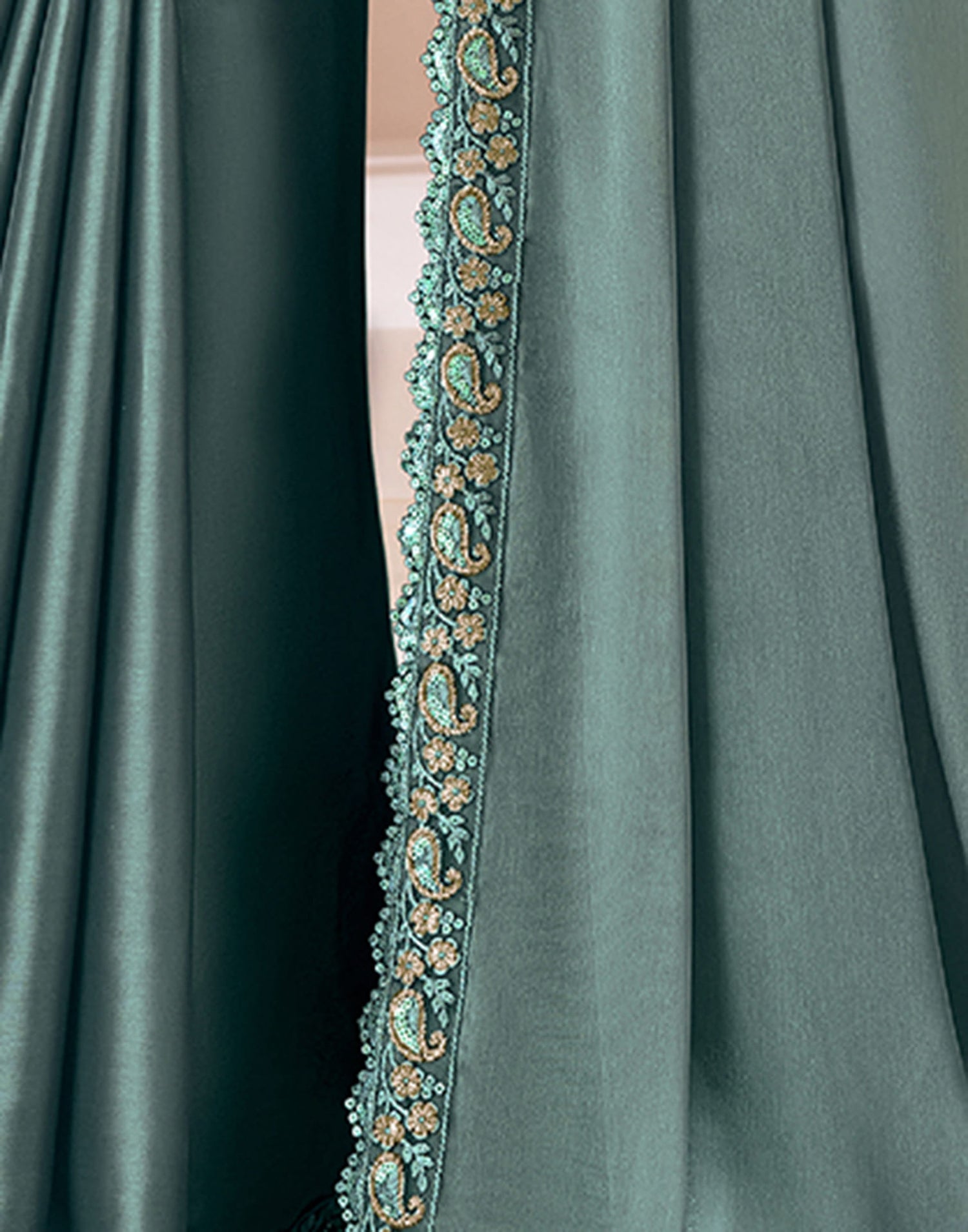 Rama Green Satin Sequence Embellished Saree