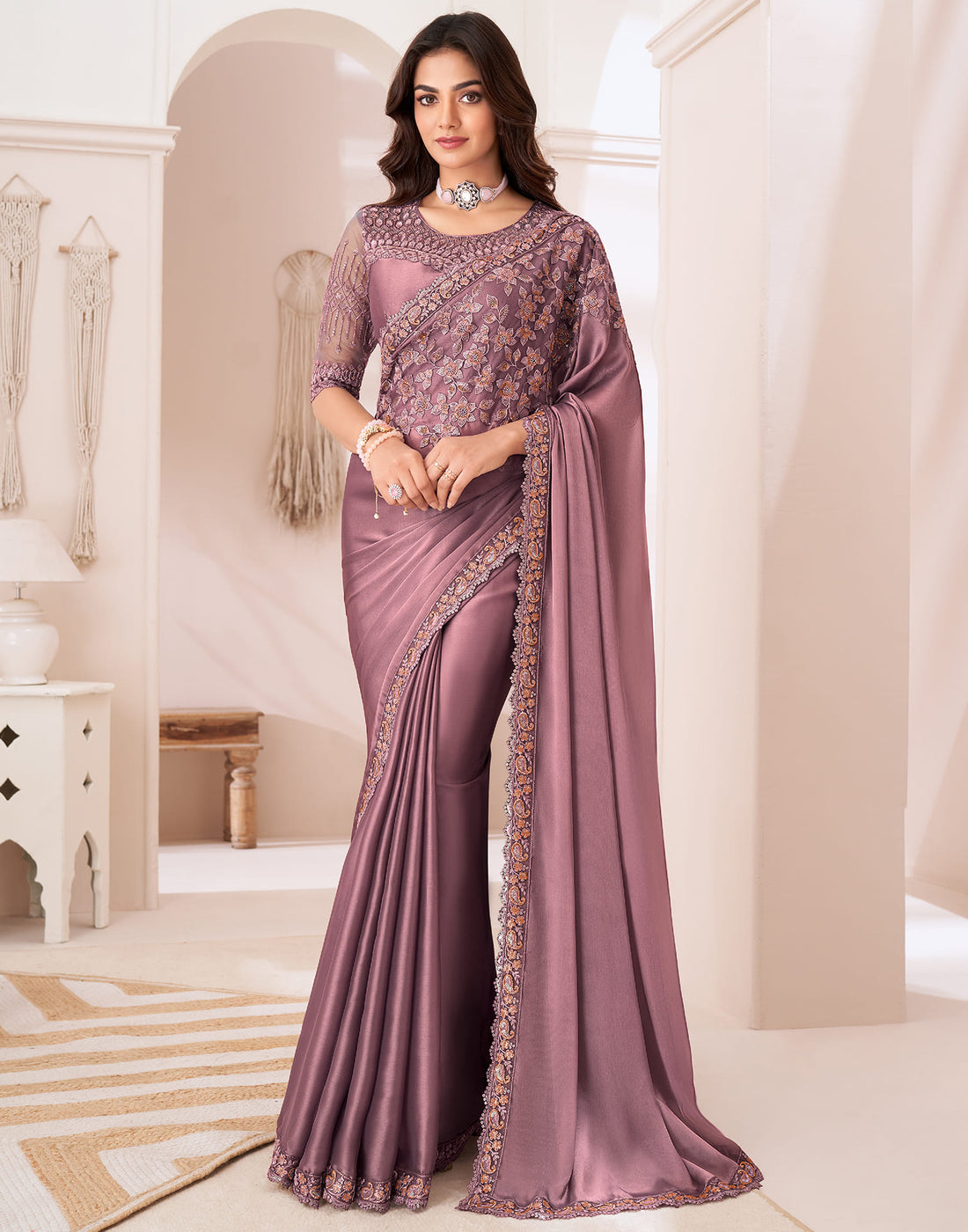 Mauve Satin Sequence Embellished Saree