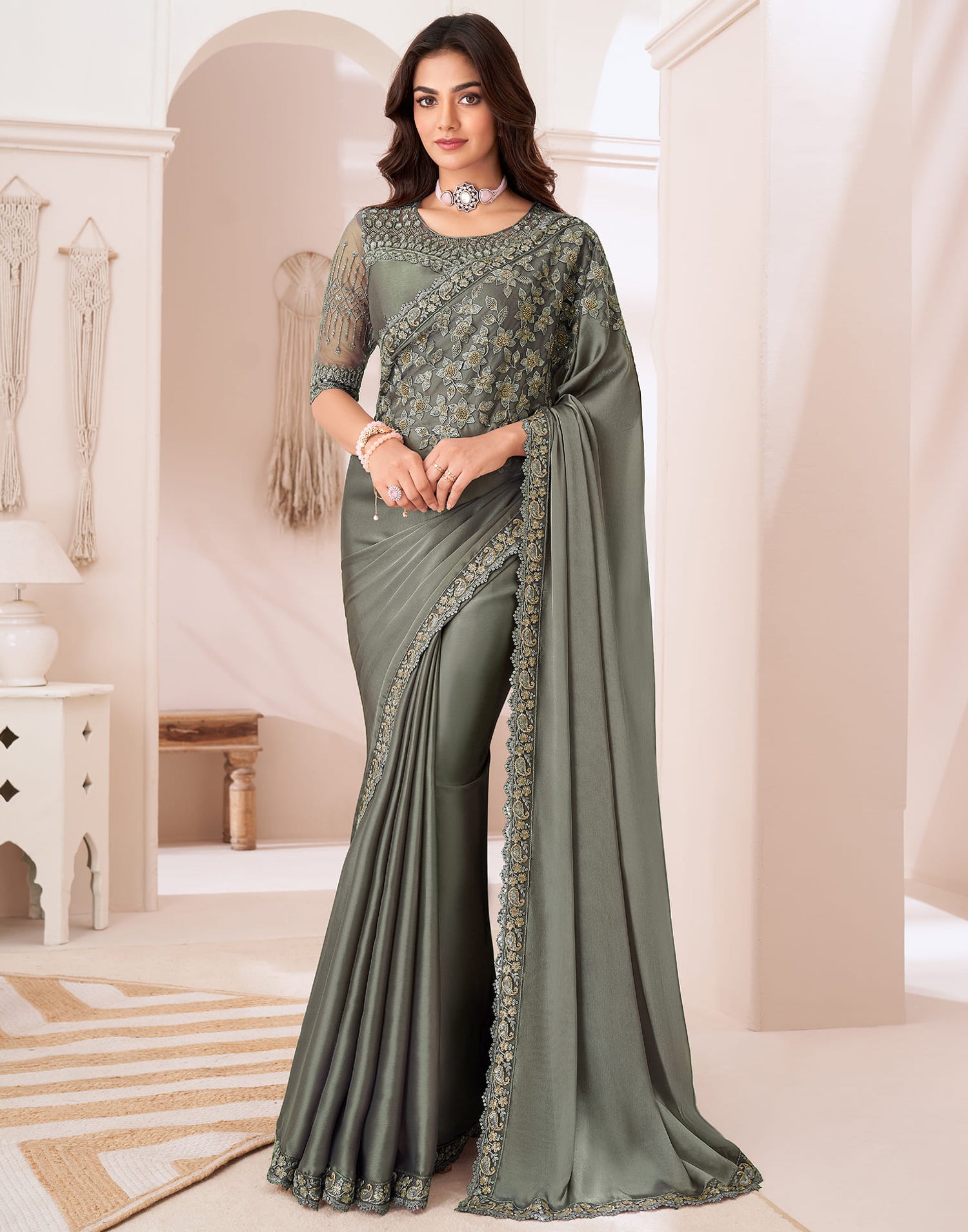 Dusty Green Satin Sequence Embellished Saree